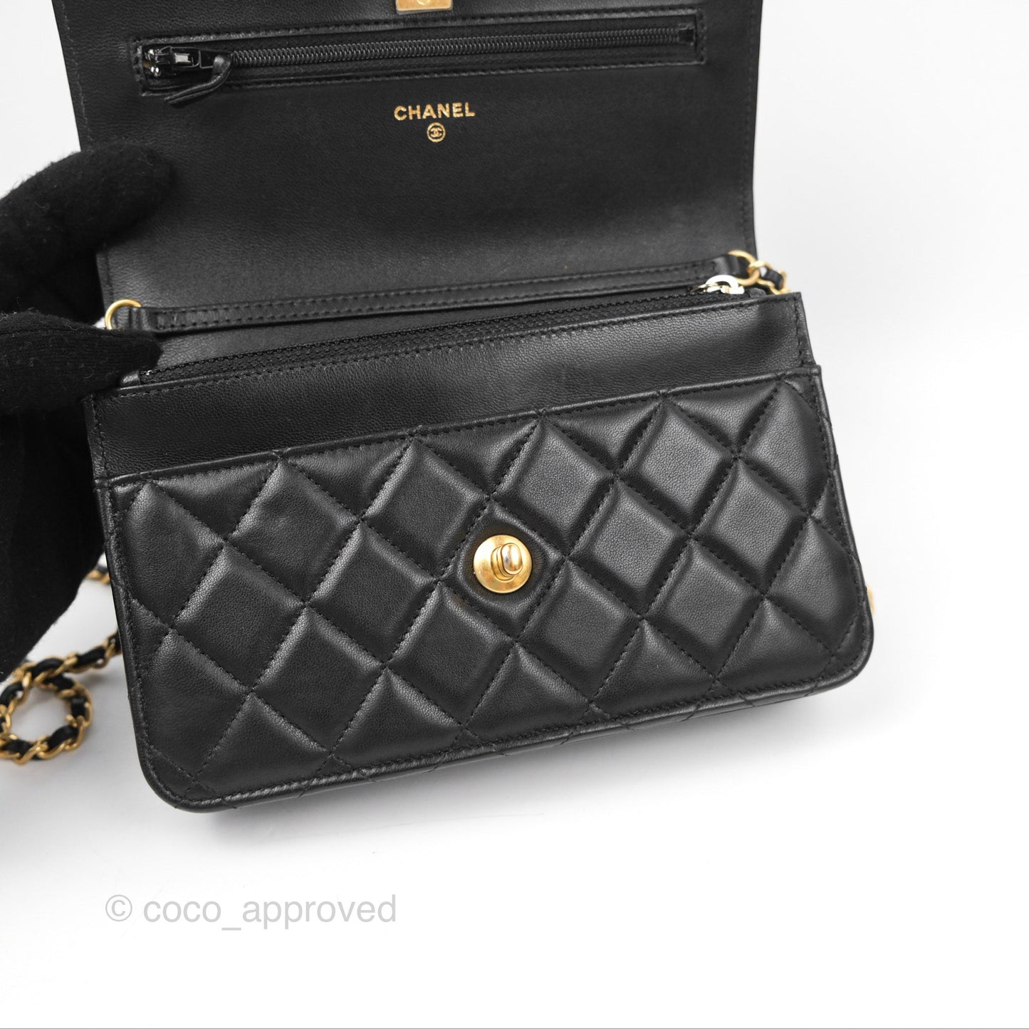 Chanel Quilted Pearl Crush Wallet on Chain WOC Black Lambskin Aged Gold Hardware