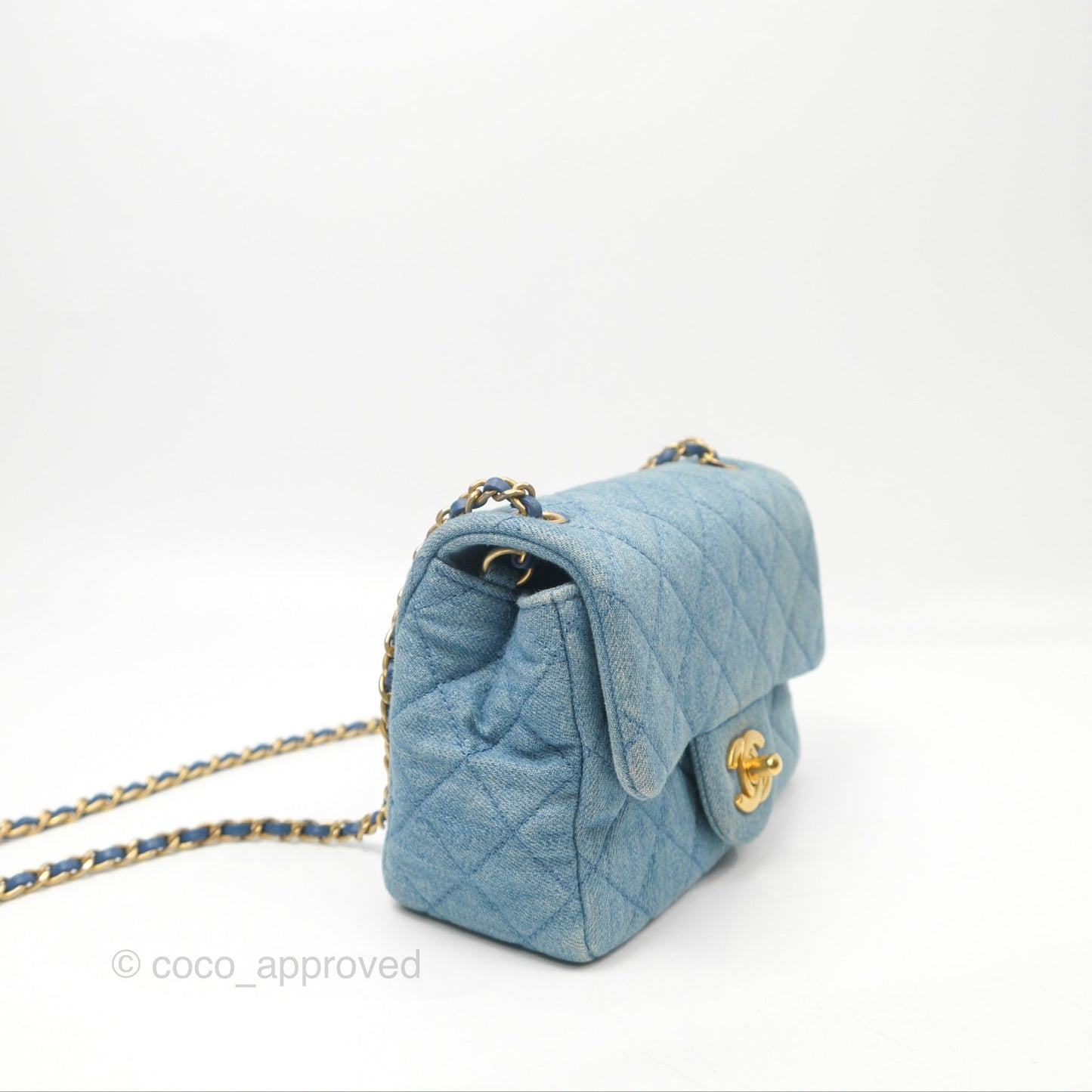 Chanel Mini Square Pearl Crush Quilted Denim Aged Gold Hardware