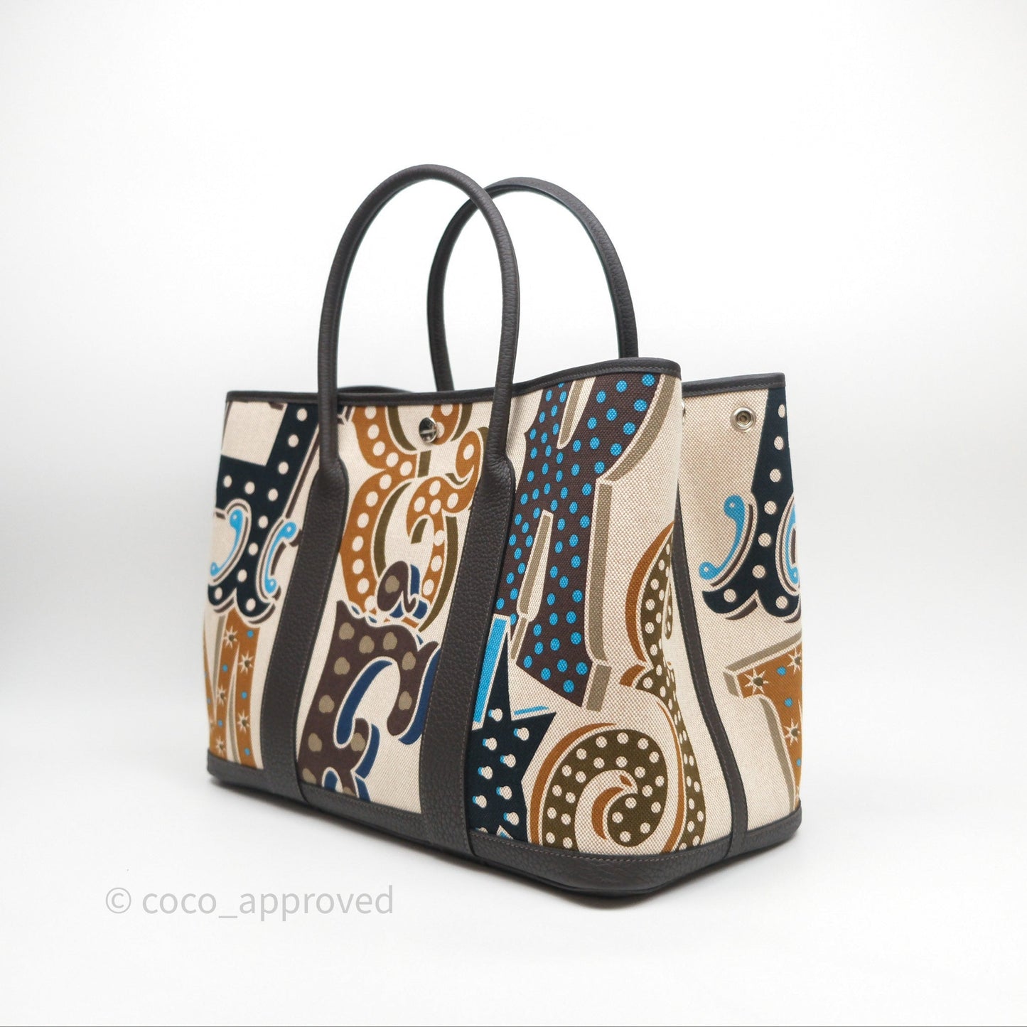 Hermès Garden Party 36 Printed H Plume Canvas/ Negonda Caramel 28/ Ecru-beige 14/ Ebene 46