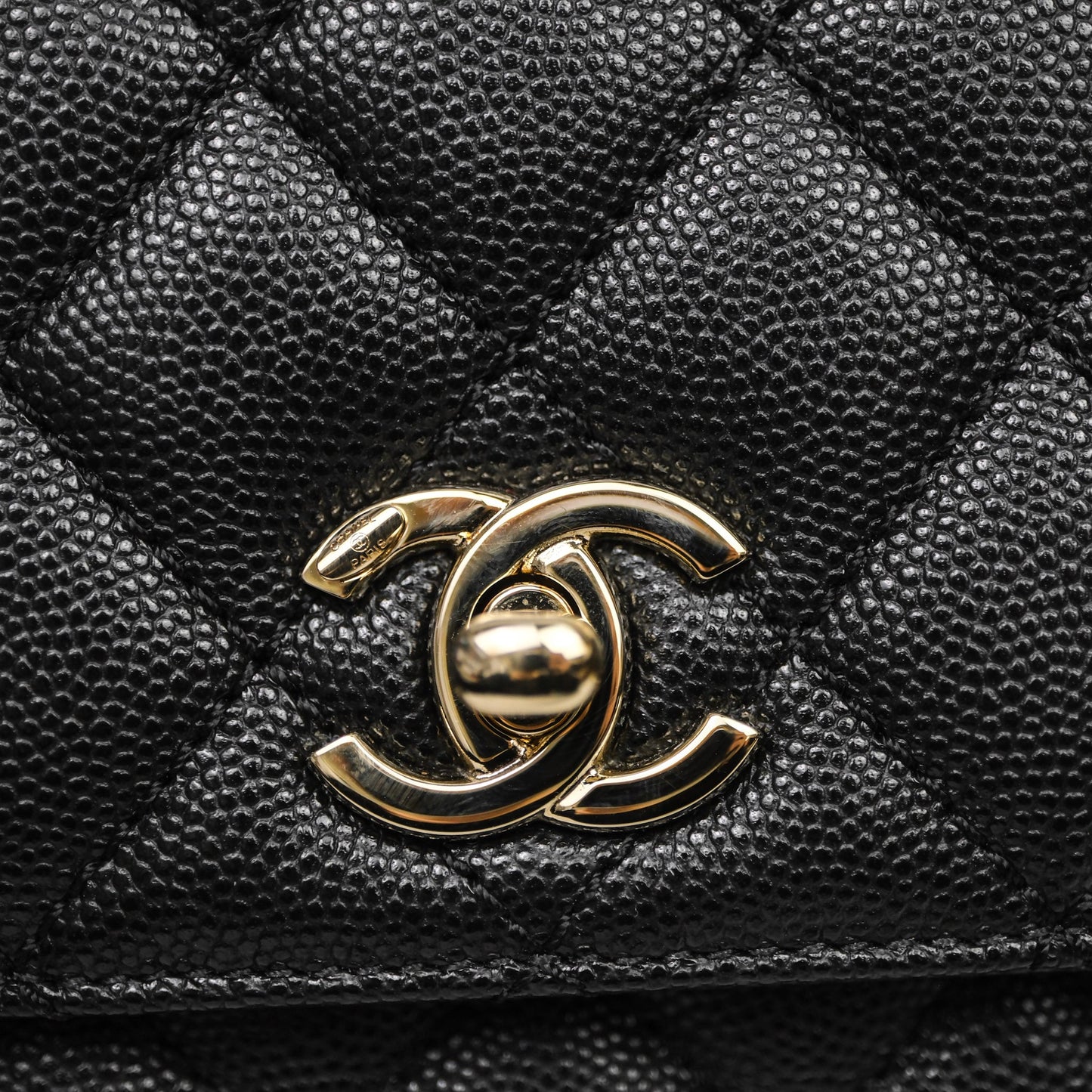 Chanel Mini Coco Handle Quilted Black Caviar Light Gold Hardware Lizard Embossed Handle