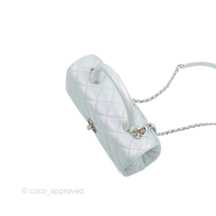 Chanel Small Coco Handle Quilted Iridescent Light Blue Caviar Rainbow Hardware