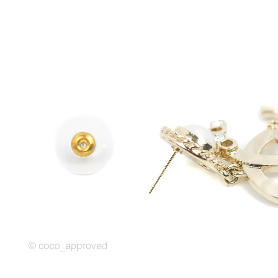 Chanel CC Coco Round Pearl Drop Earrings Gold Tone 22P