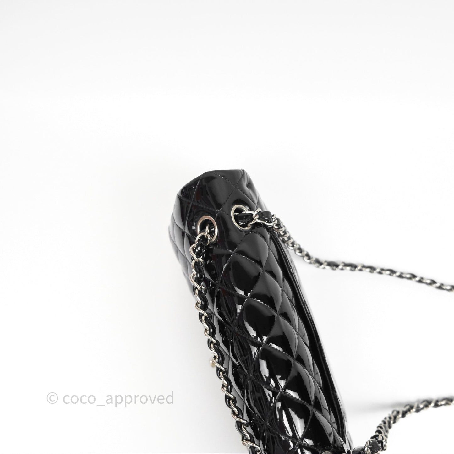 Chanel Classic M/L Medium Flap Quilted Black Patent Silver Hardware