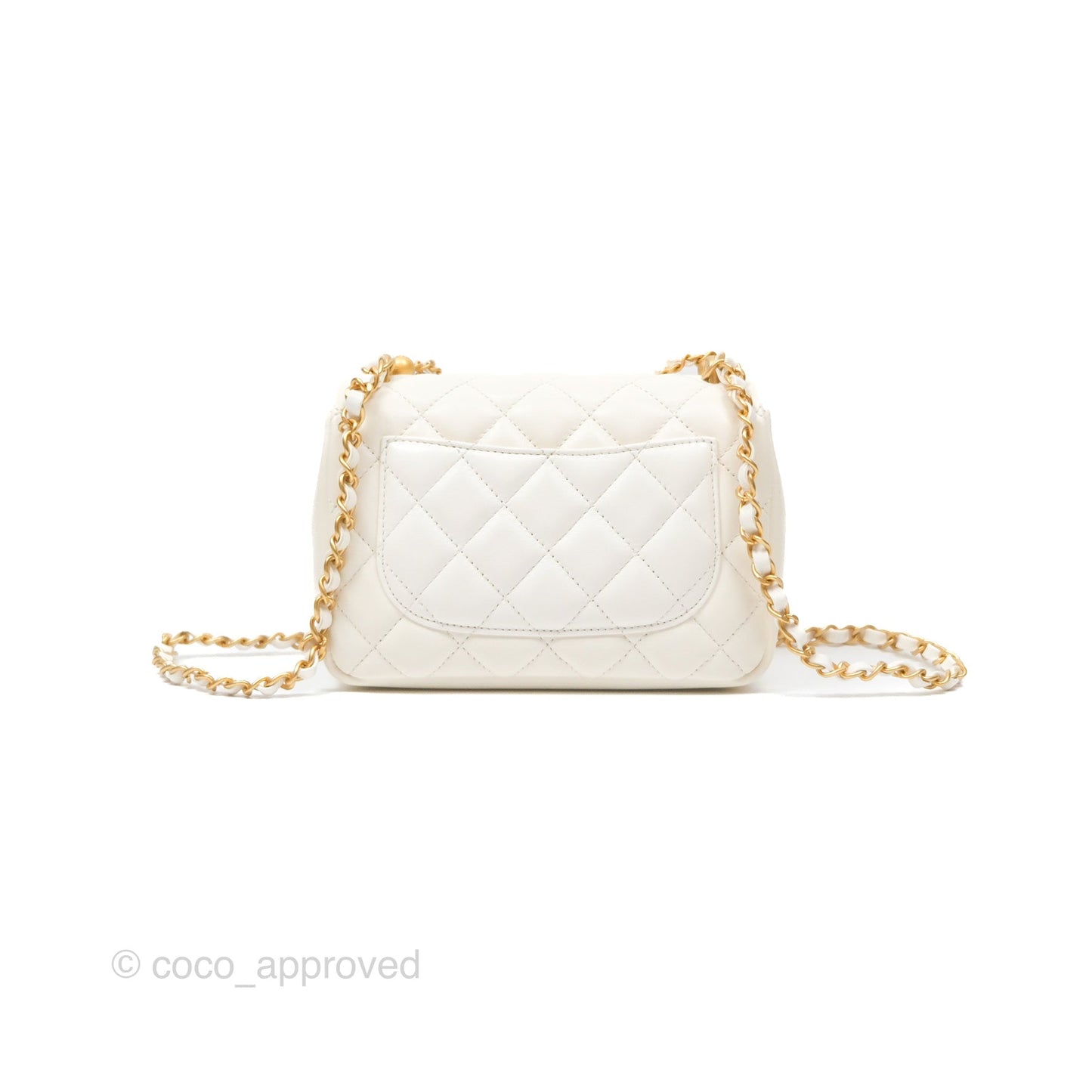 Chanel Pearl Chain Mini Flap Bag White Lambskin Aged Gold Hardware 24P