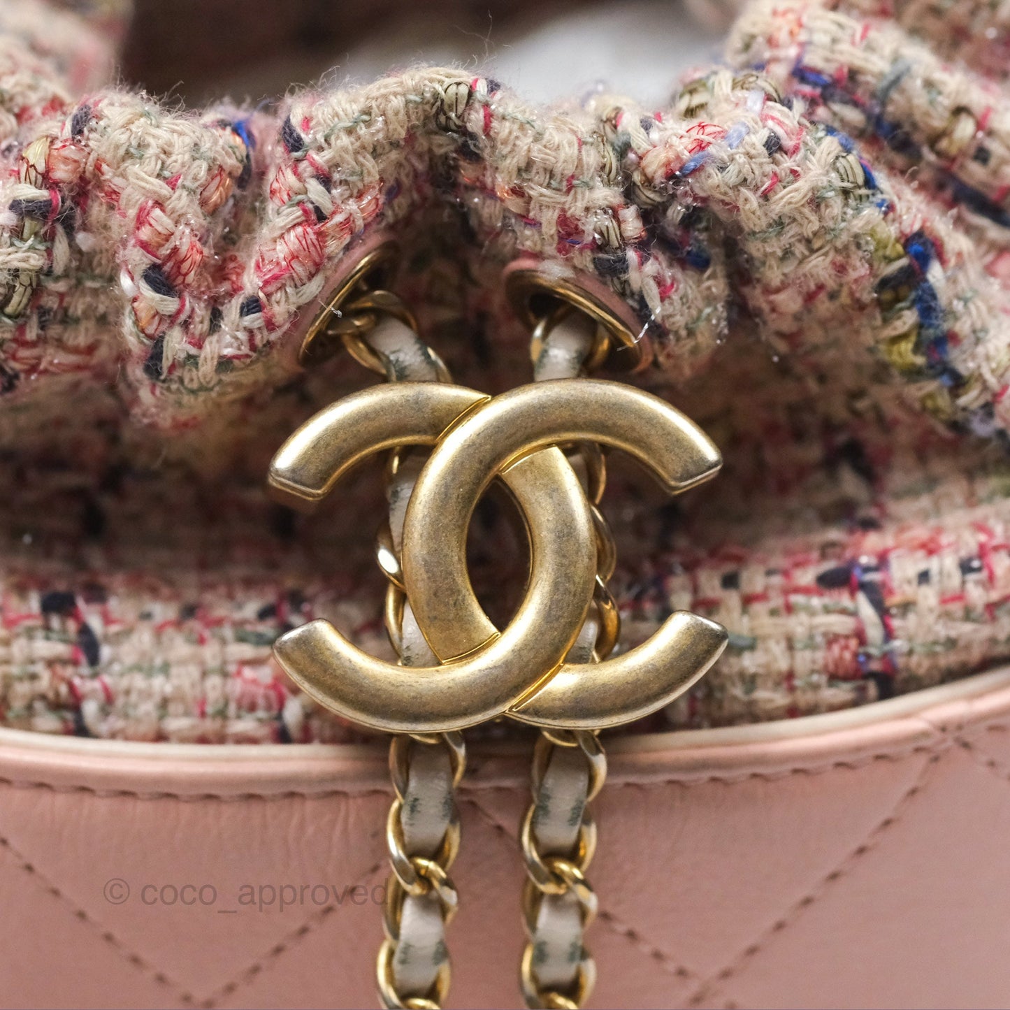 Chanel Quilted Top Handle Drawstring Bucket Bag Calfskin Tweed Pink Aged Gold Hardware