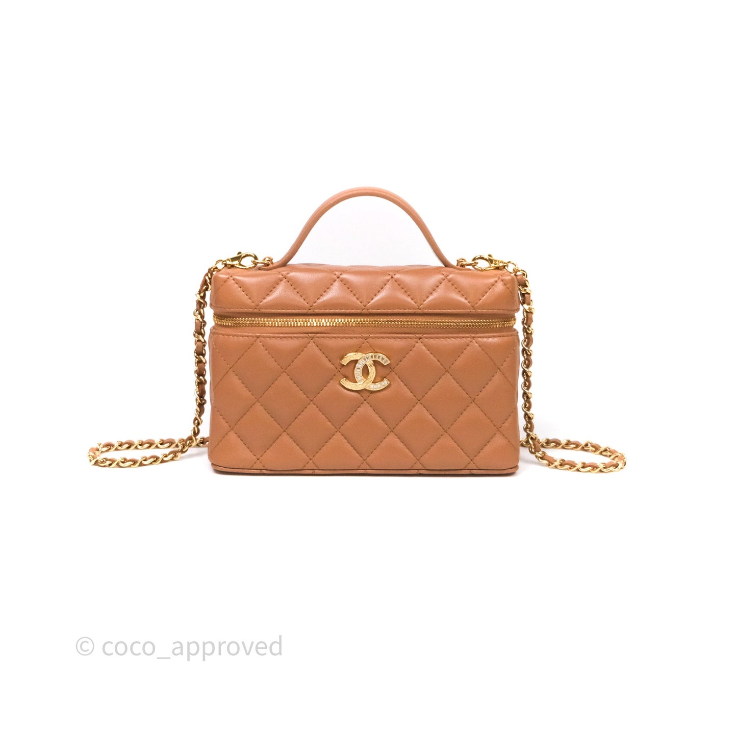 Chanel Top Handle Long Vanity with Chain Caramel Beige Lambskin Gold Hardware 25B