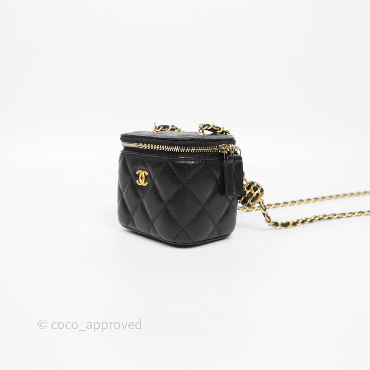 Chanel Quilted Pearl Crush Mini Vanity With Chain Black Lambskin Aged Gold Hardware