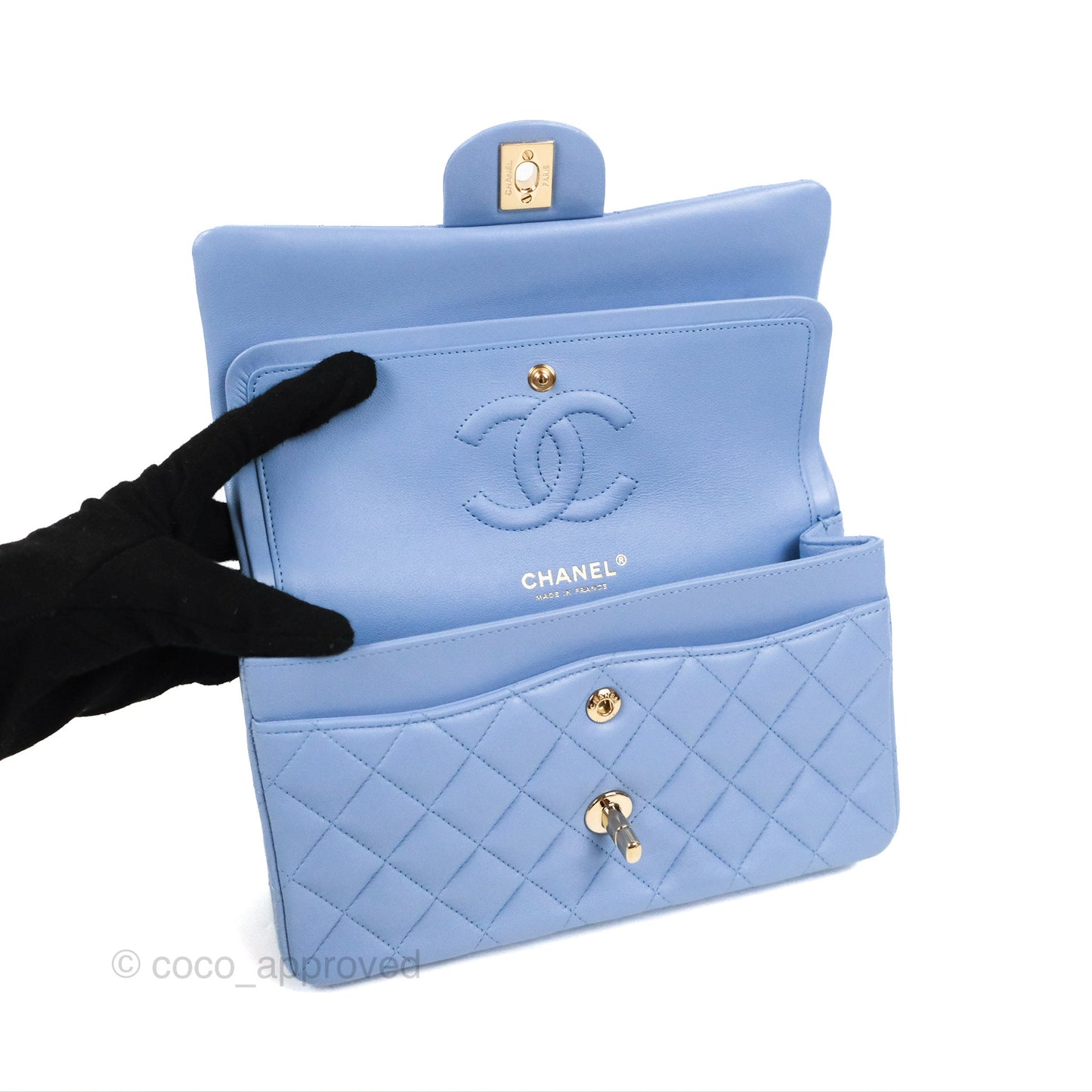 Chanel Small Classic Quilted Flap Blue Sky Lambskin Gold Hardware 21C