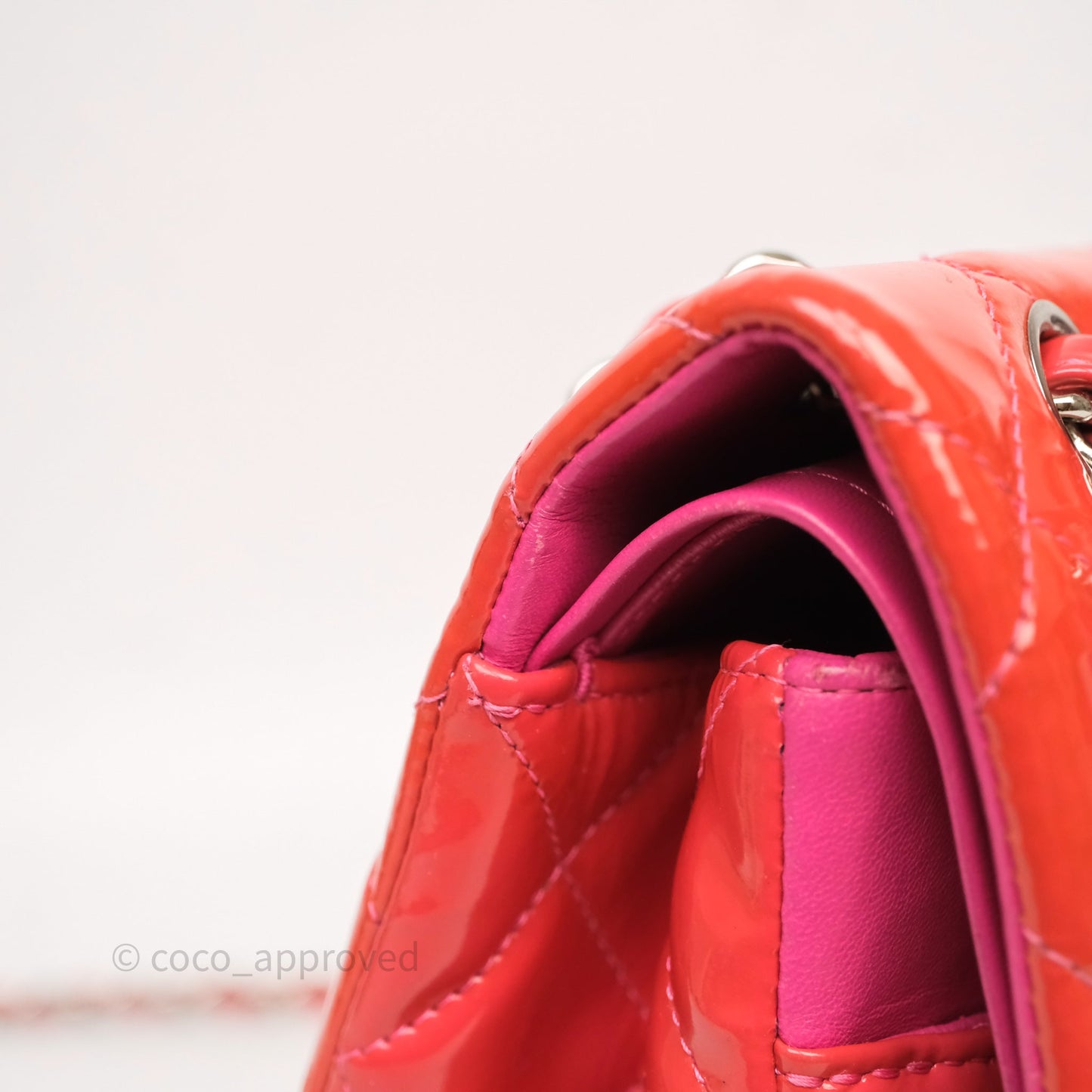 Chanel Jumbo Double Flap Red Orange Patent Silver Hardware⁣⁣