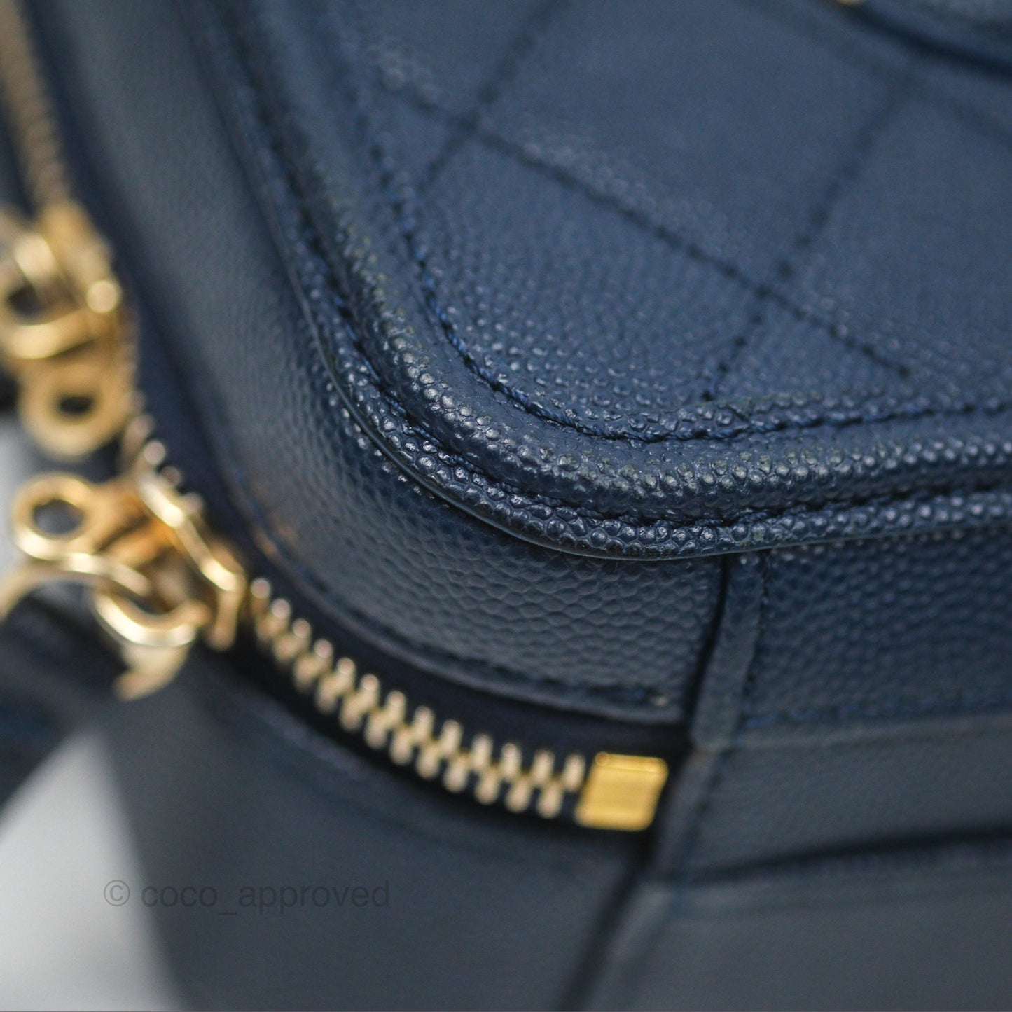 Chanel Quilted Small CC Filigree Vanity Case Navy Caviar Gold Hardware