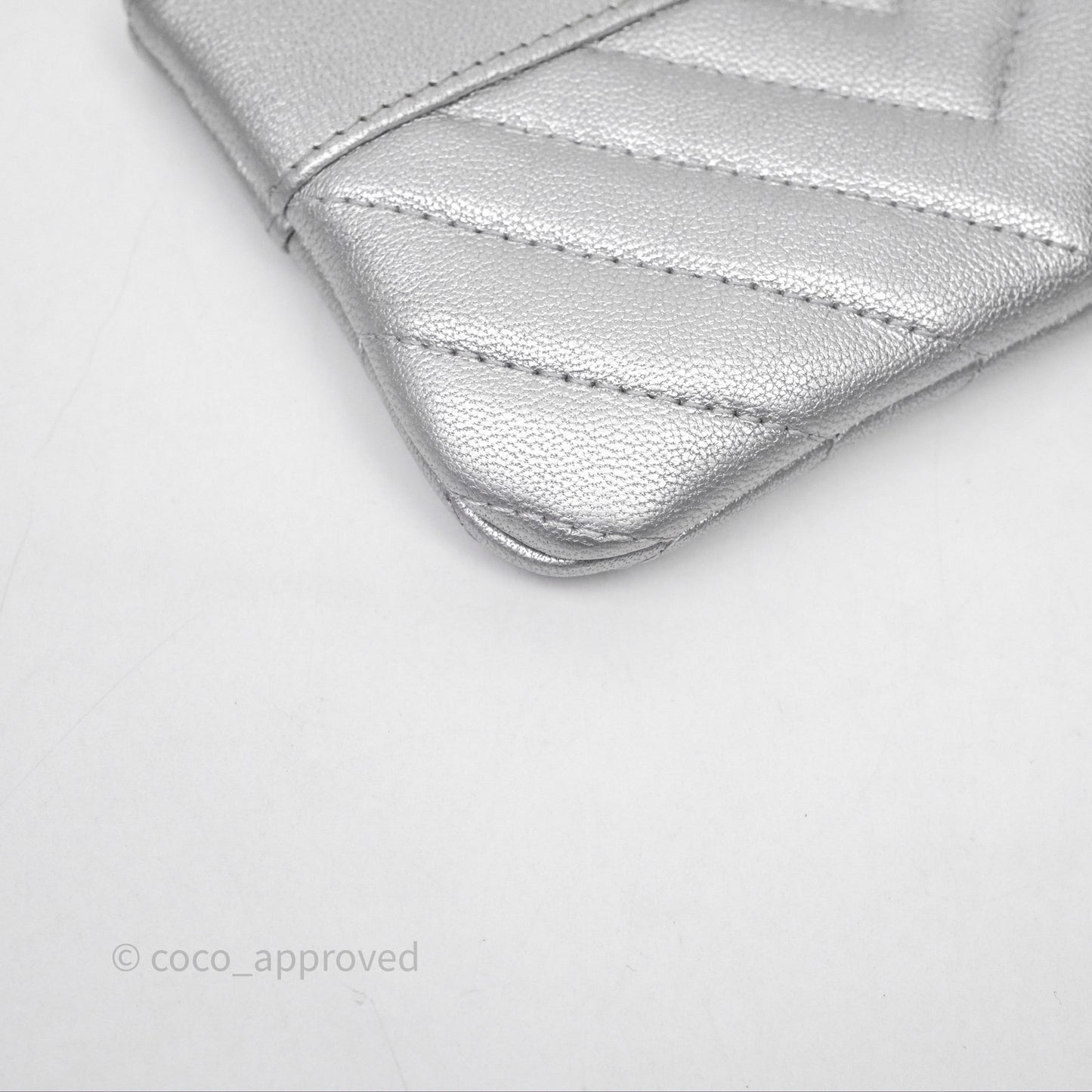 Chanel Mini Chevron Mademoiselle O Case Silver Goatskin Silver Hardware