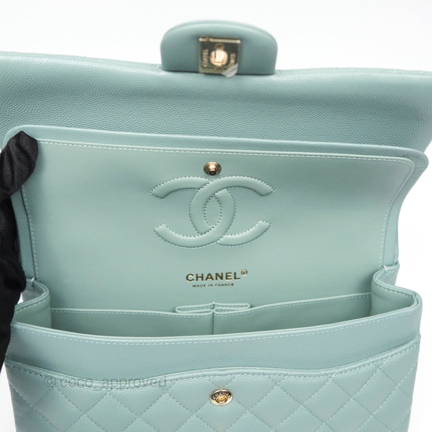 Chanel Classic M/L Medium Flap Quilted Tiffany Seafoam Green Caviar Gold Hardware