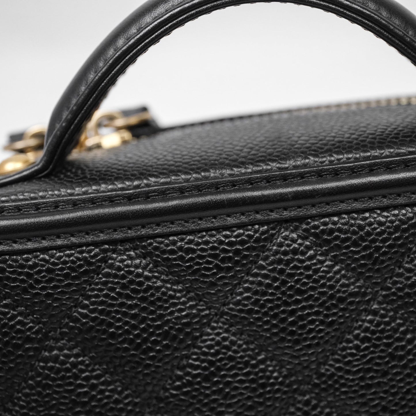 Chanel Quilted Small CC Filigree Vanity Case Black Caviar Aged Gold Hardware