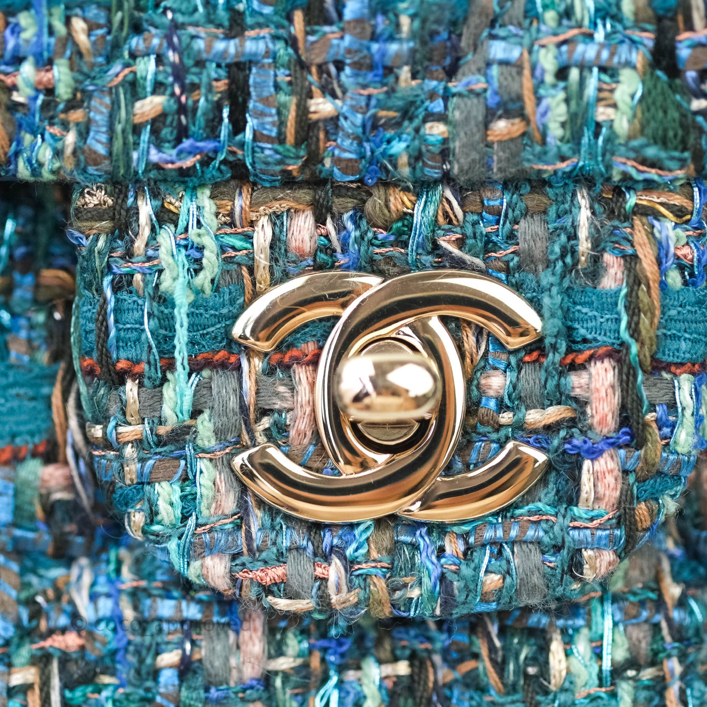 Chanel Quilted Mini Rectangular Turquoise Tweed Gold Hardware