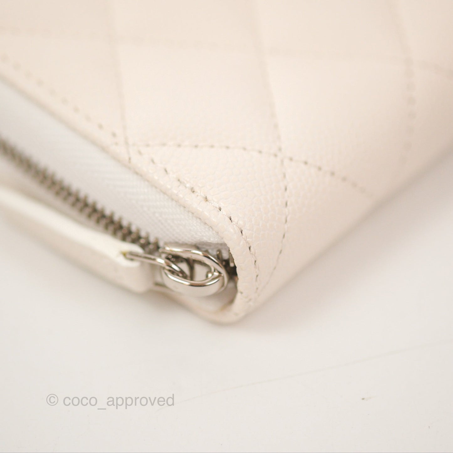 Chanel Quilted Zip Long Wallet White Caviar Silver Hardware