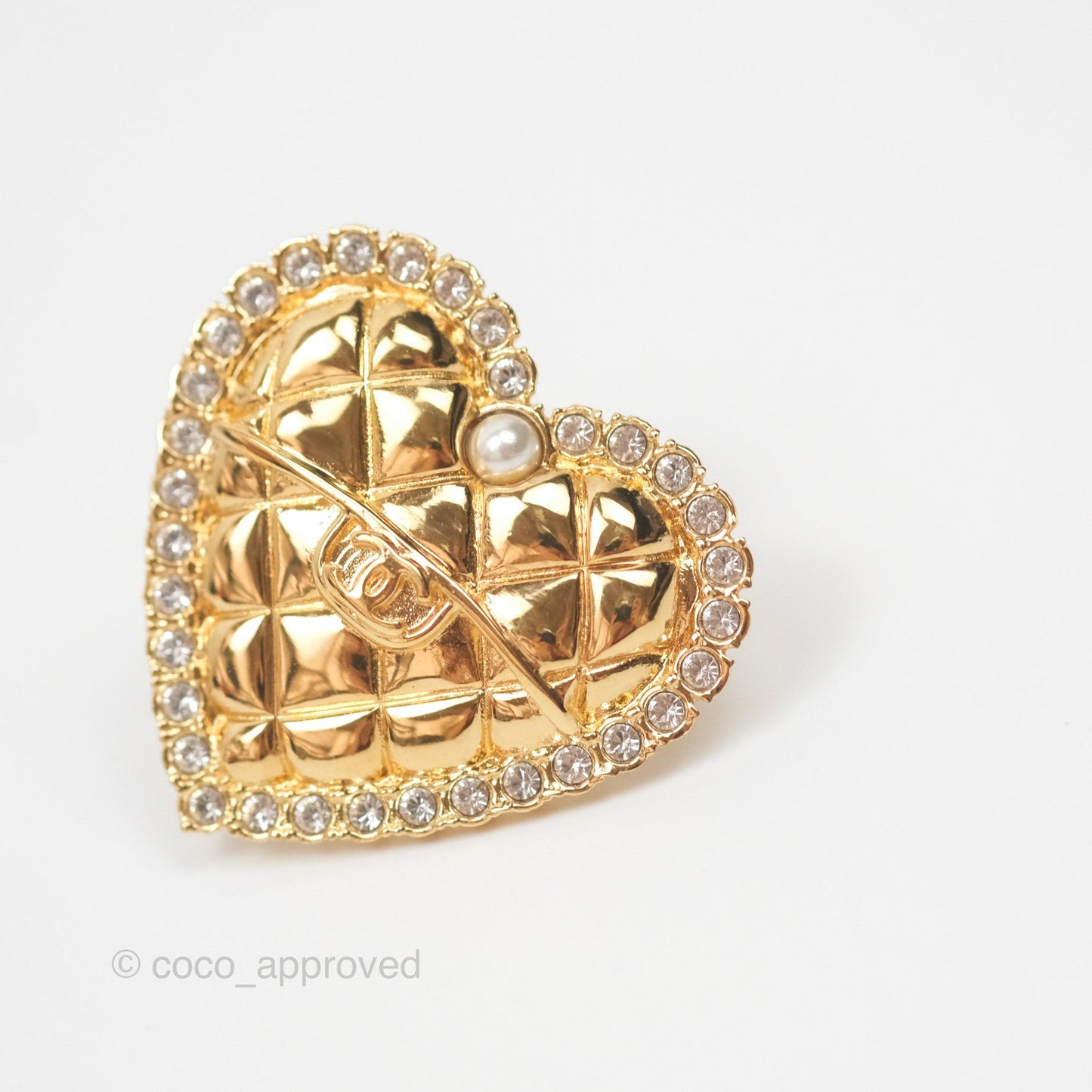 Chanel Crystal Pearl Heart Earrings Gold Tone 24A