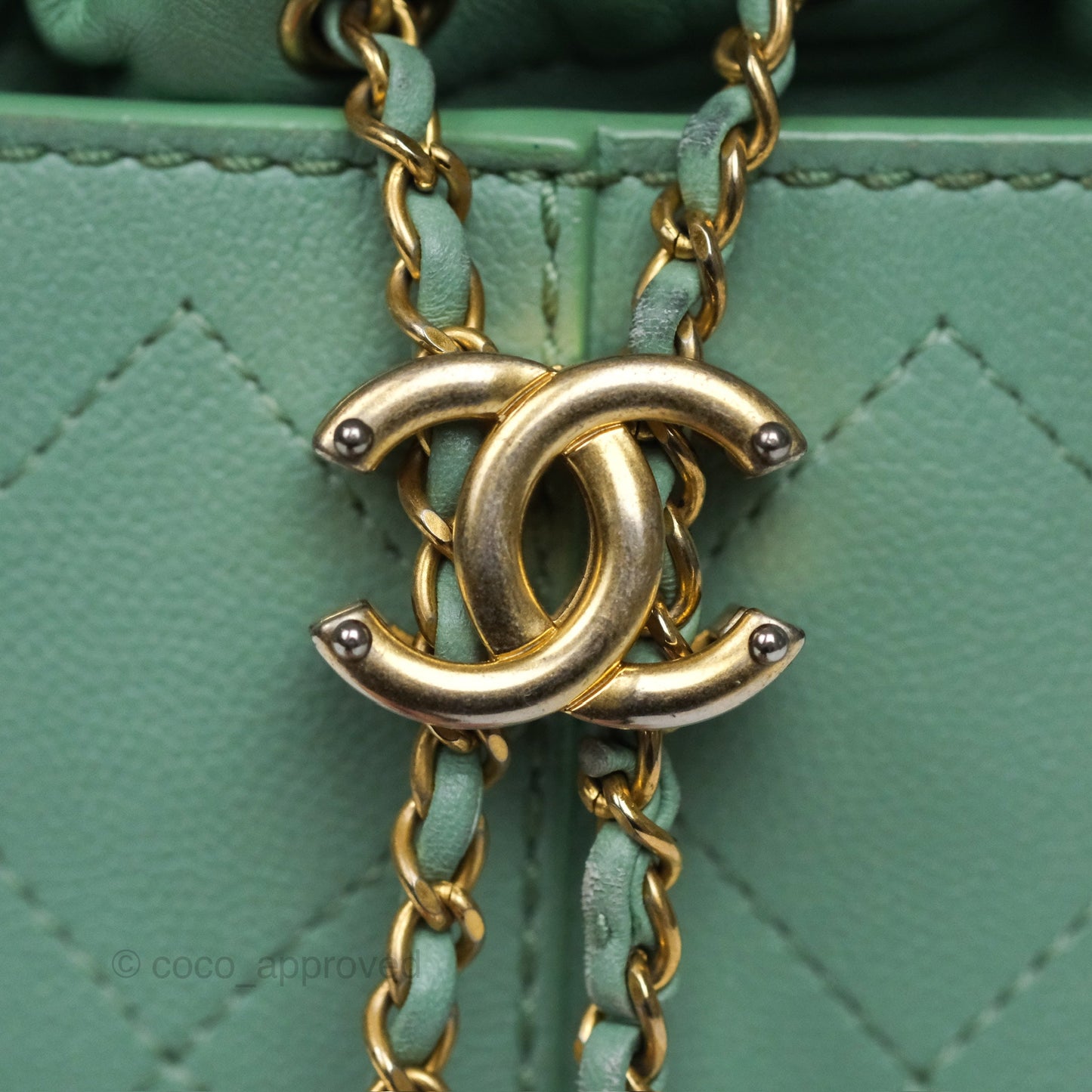 Chanel Drawstring Bucket Bag Quilted Green Caviar Aged Gold Hardware