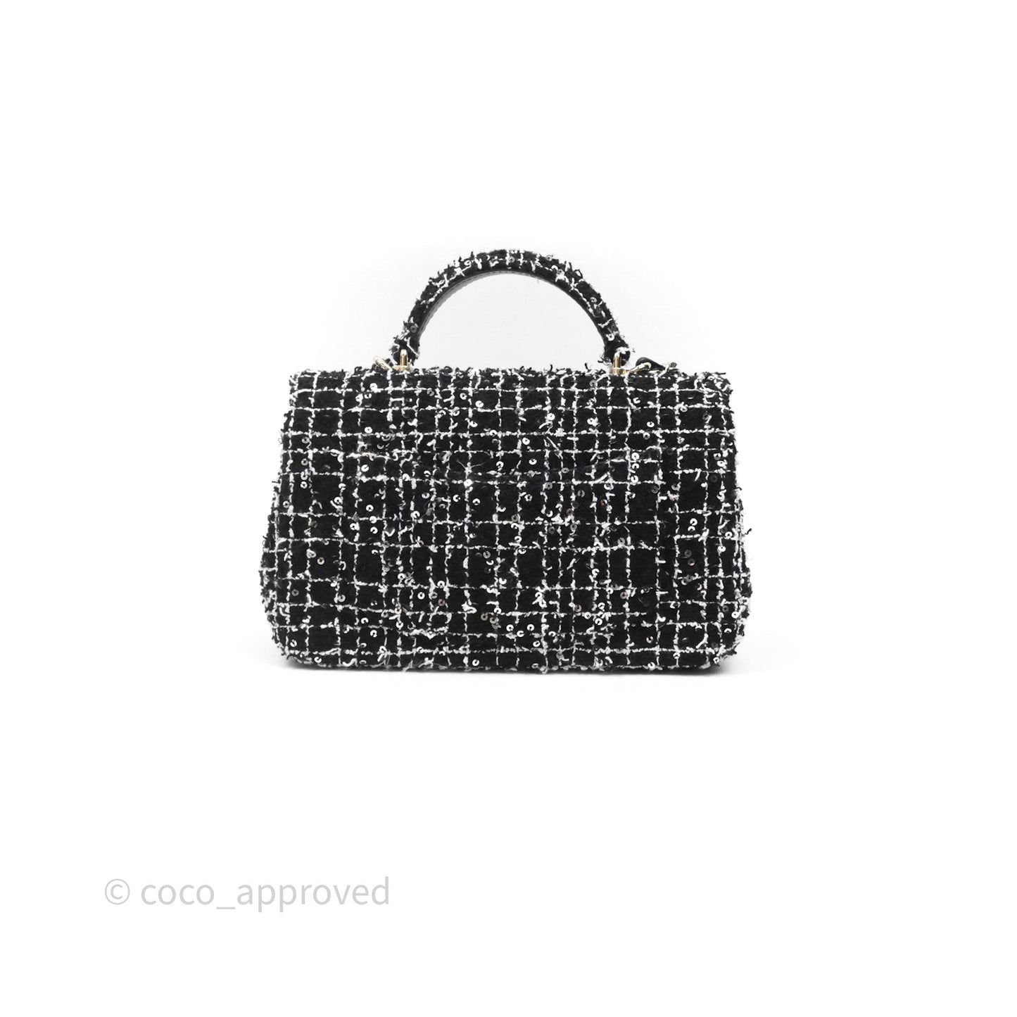 Chanel Top Handle Mini Rectangular Flap Black/ White Sequin Tweed Gold Hardware 24P
