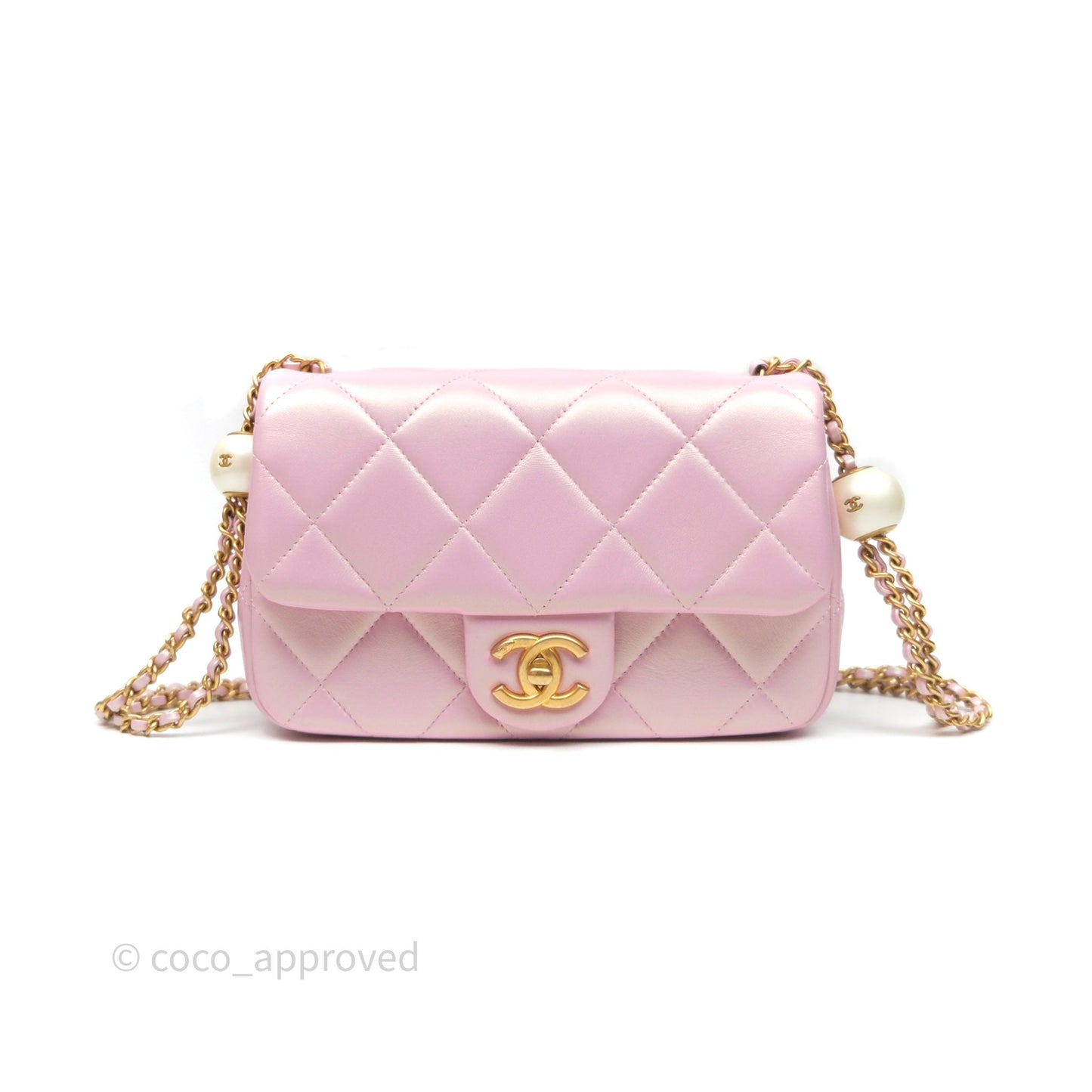 Chanel Mini Flap Bag With Pearl Adjustable Chain Iridescent Pink Lambskin Aged Gold Hardware