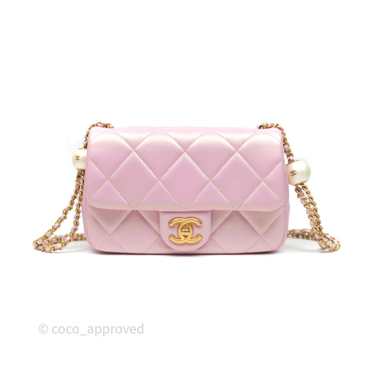 Chanel Mini Flap Bag With Pearl Adjustable Chain Iridescent Pink Lambskin Aged Gold Hardware