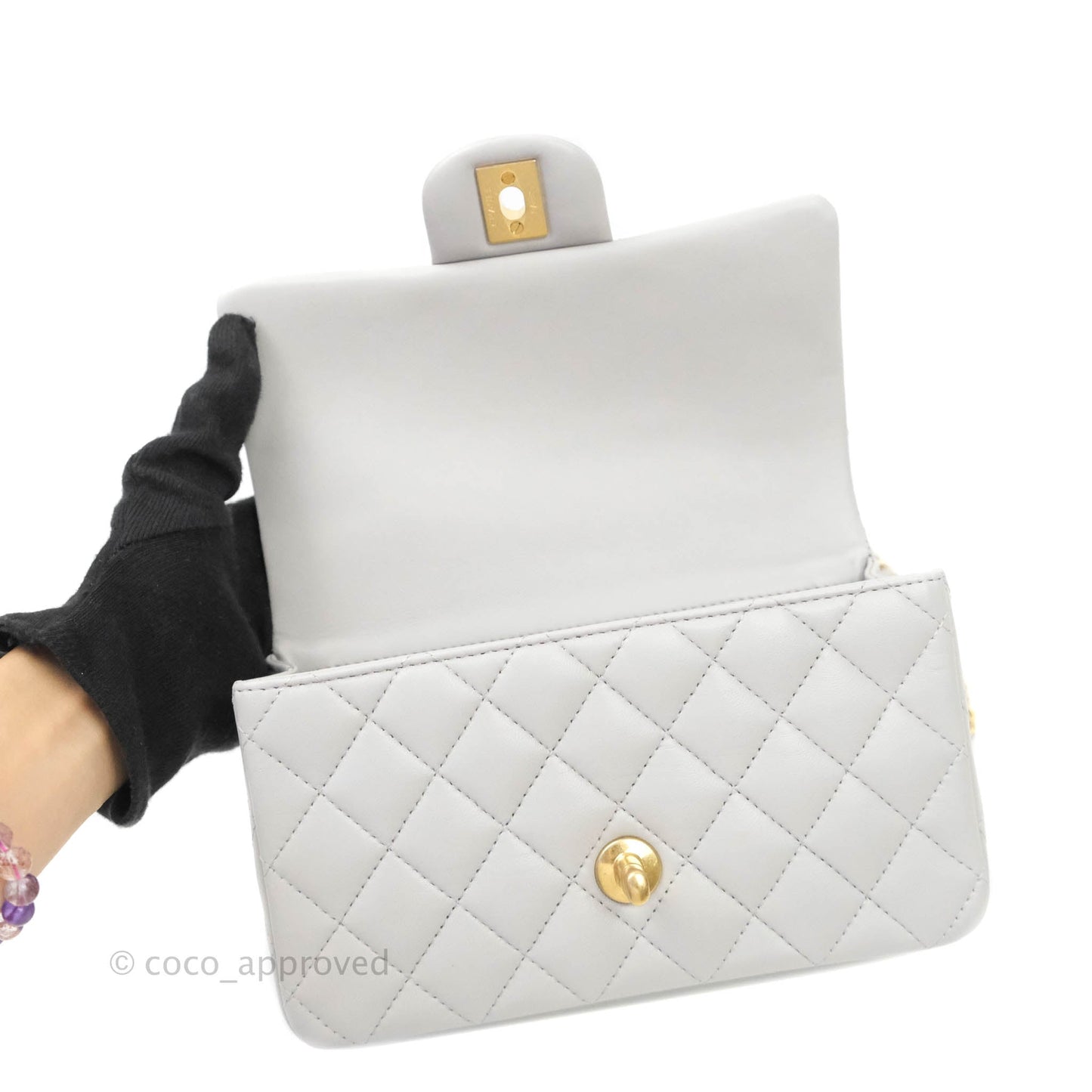 Chanel Top Handle Mini Rectangular Flap Bag Grey Lambskin Aged Gold Hardware