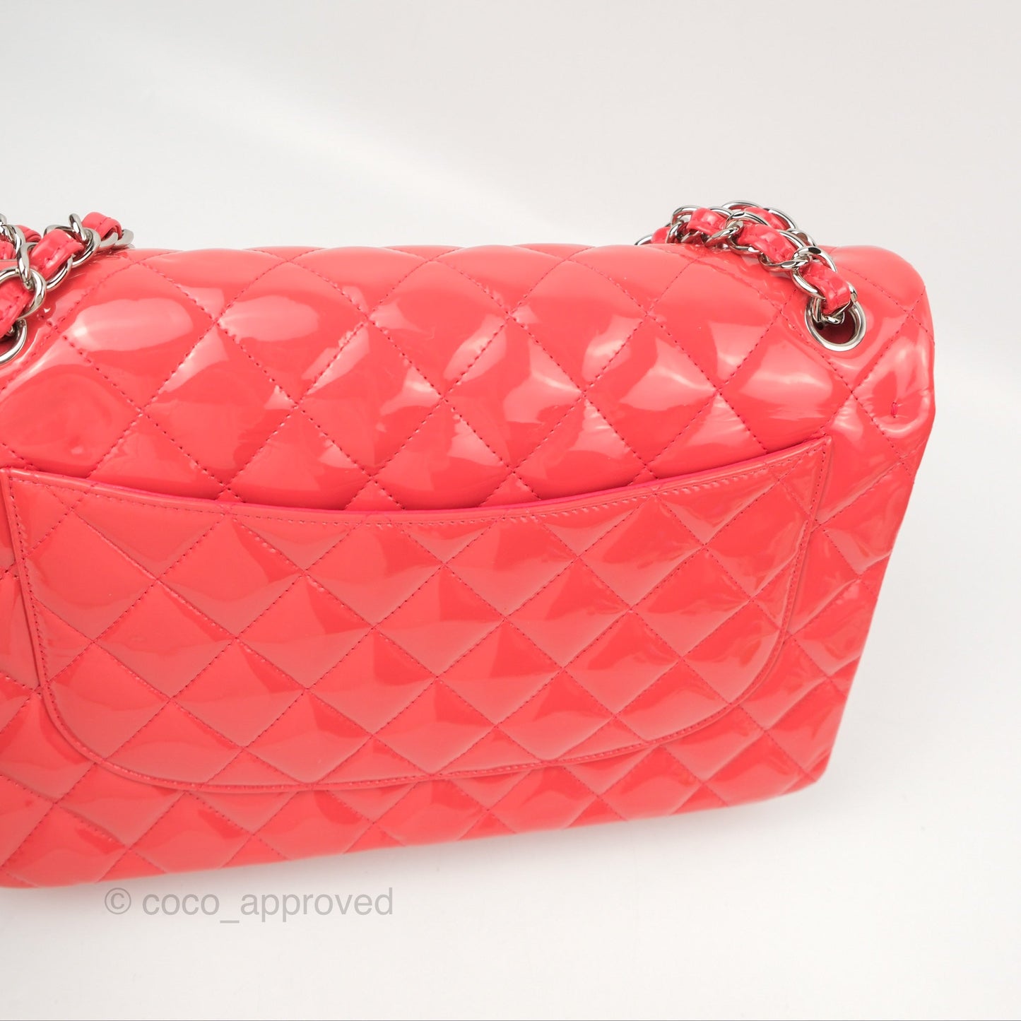 Chanel Jumbo Double Flap Coral Pink Patent Silver Hardware⁣⁣