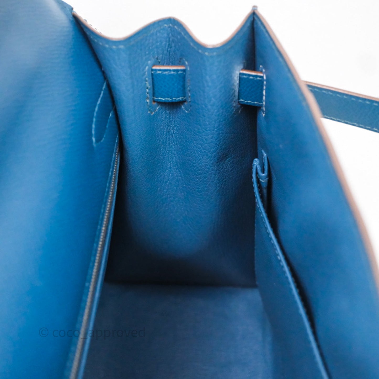 Hermès Kelly 32 Sellier Bleu Thalassa 7A/ White Epsom Palladium Hardware