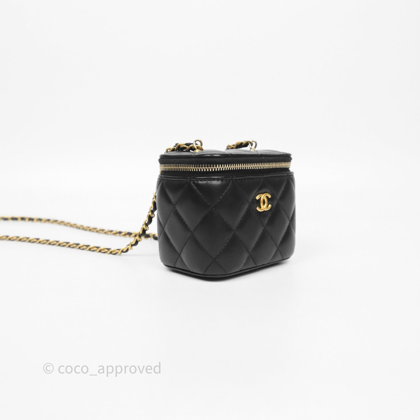 Chanel Quilted Pearl Crush Mini Vanity With Chain Black Lambskin Aged Gold Hardware
