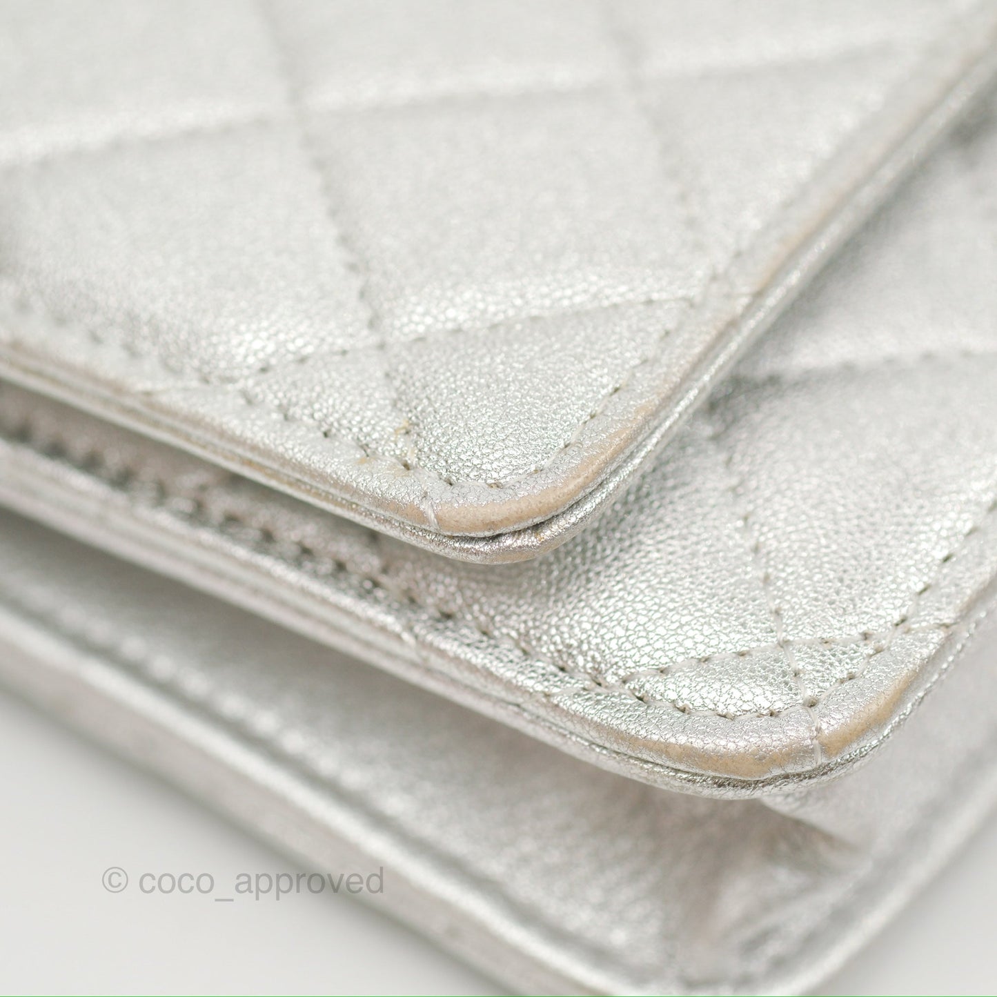 Chanel Quilted Wallet on Chain WOC Iridescent Silver Grained Lambskin Silver Hardware