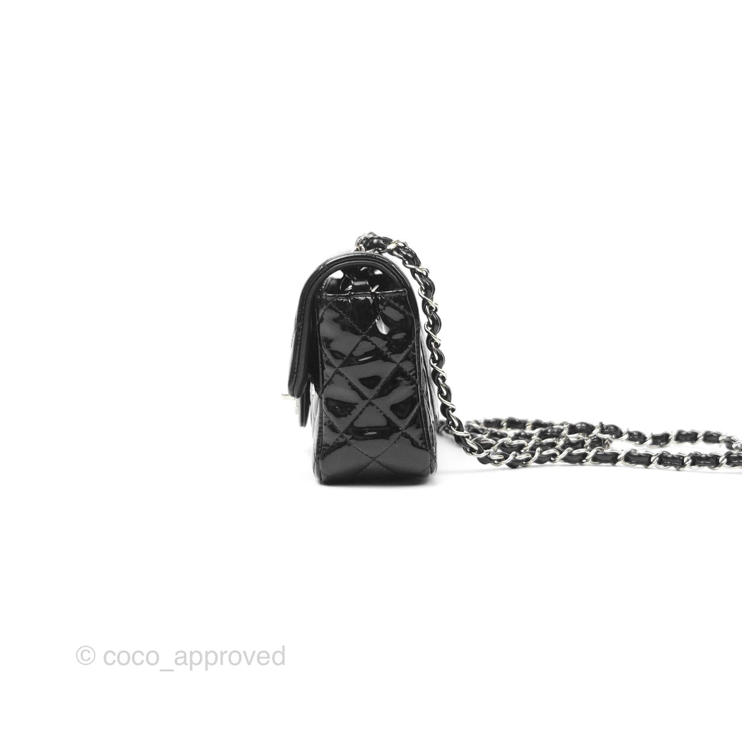 Chanel Quilted Mini Rectangular Flap Black Patent Silver Hardware