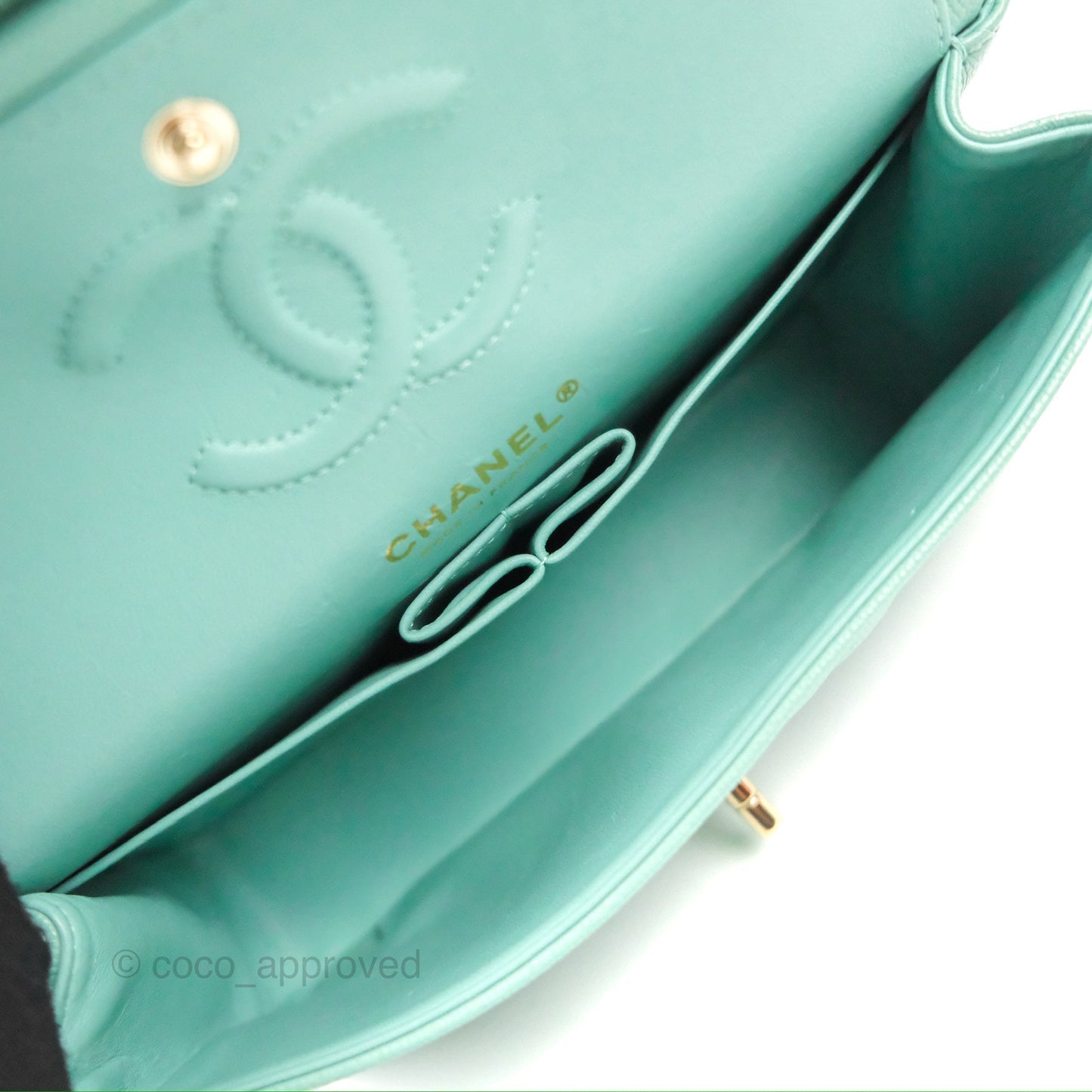 Chanel Small Classic Quilted Flap Tiffany Green Caviar Gold Hardware