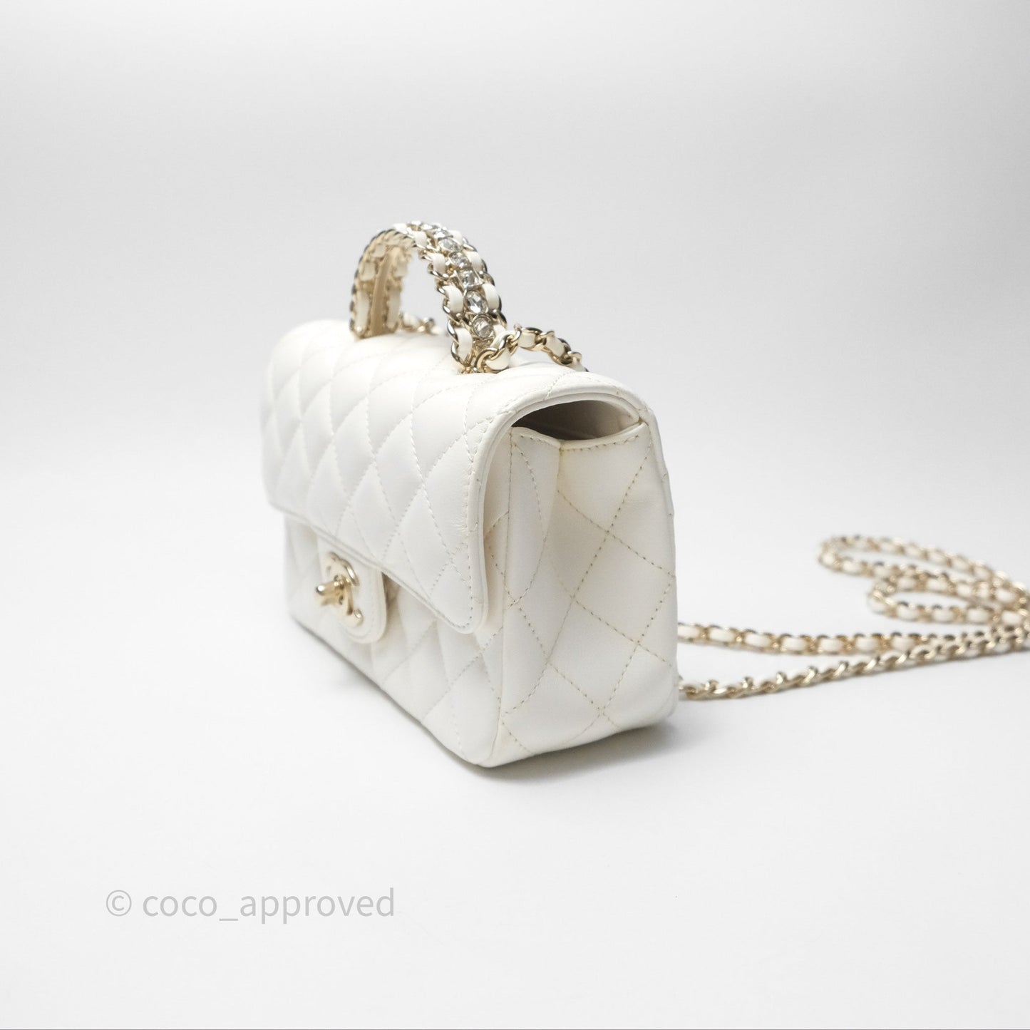 Chanel Crystals Top Handle Mini Rectangular Flap Bag White Lambskin Gold Hardware