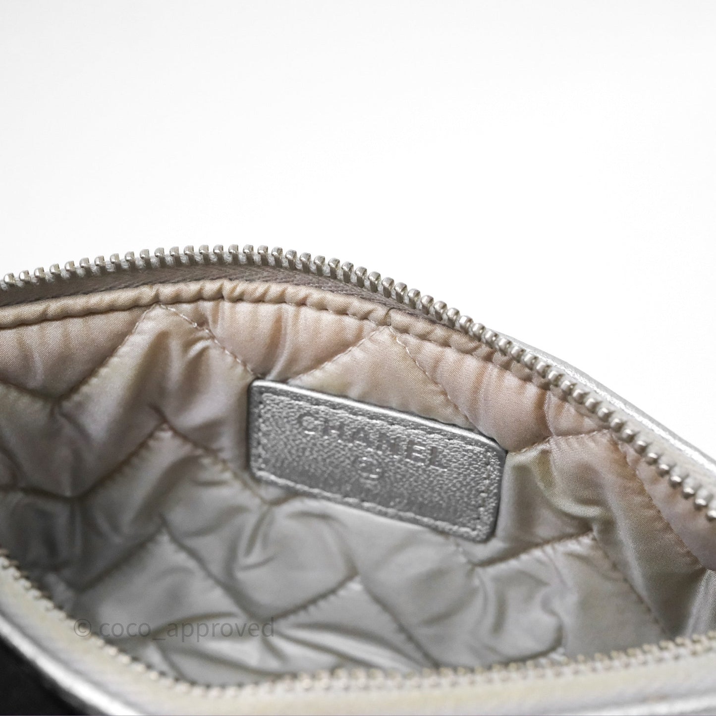 Chanel Mini Chevron Mademoiselle O Case Silver Goatskin Silver Hardware