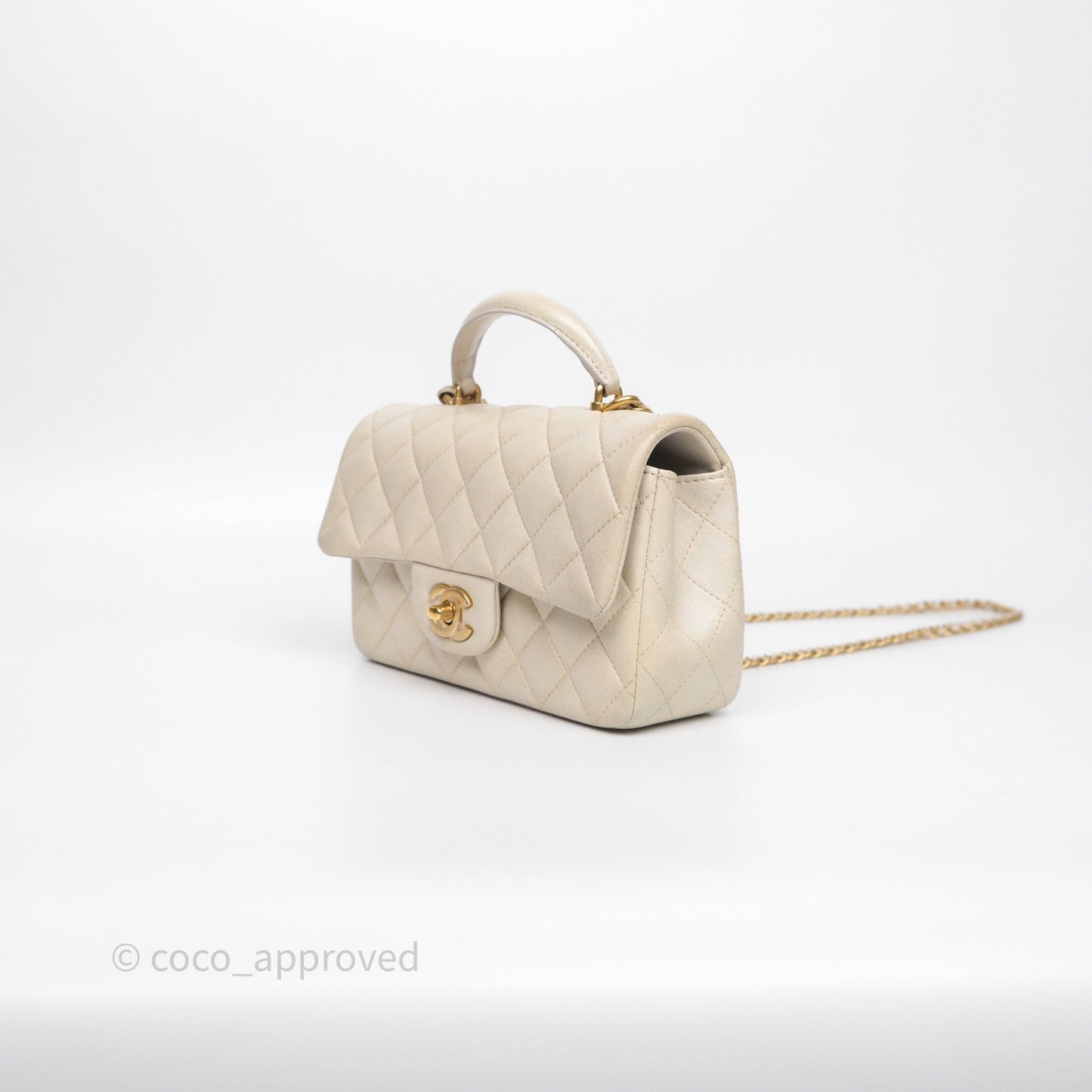 Chanel Top Handle Mini Rectangular Flap Pearly Beige Oat Lambskin Aged Gold Hardware