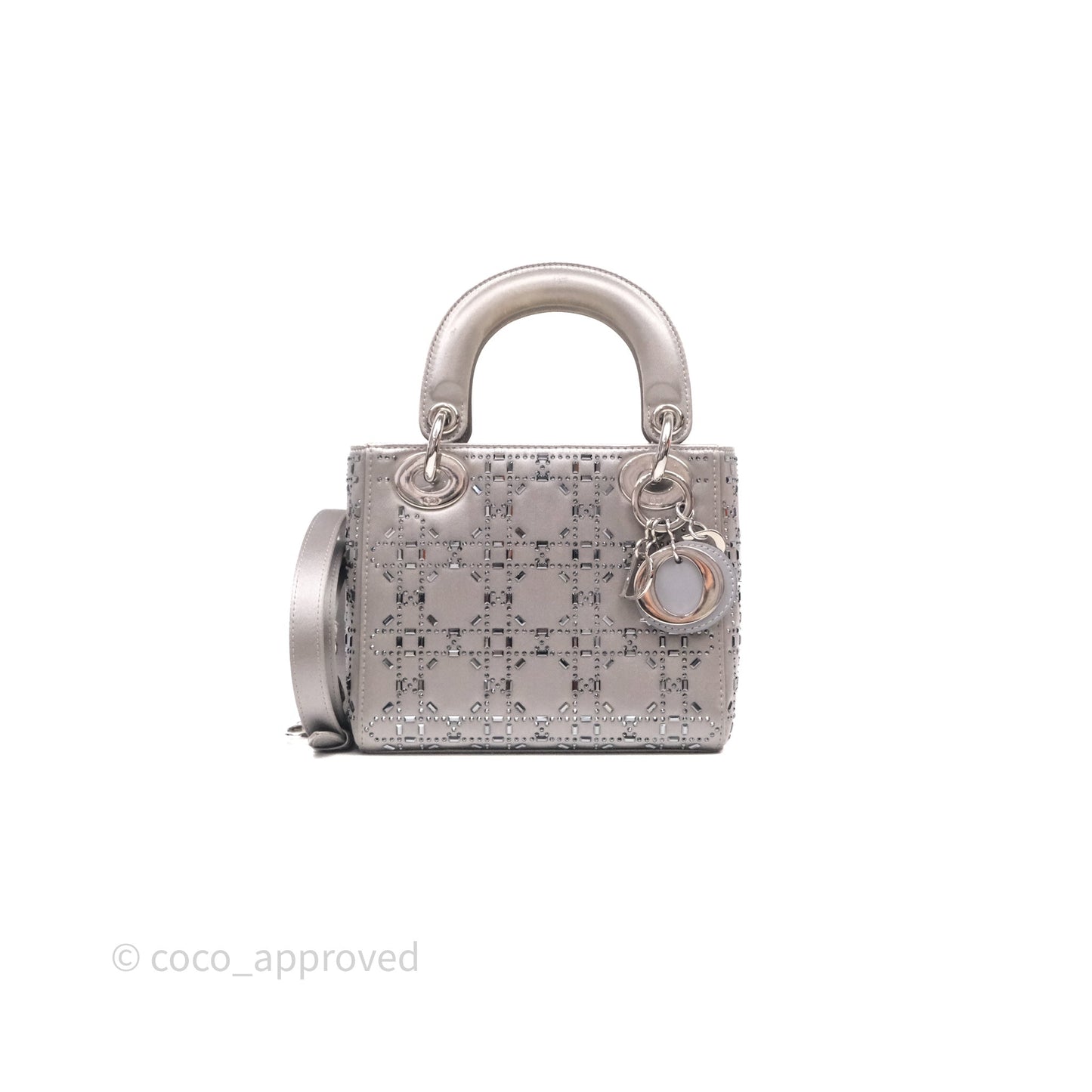 Christian Dior Mini Lady Dior Bag Grey Strass Cannage Satin Silver Hardware