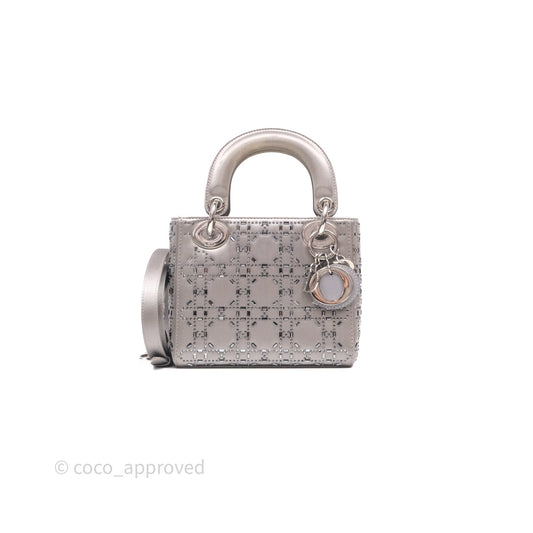 Christian Dior Mini Lady Dior Bag Grey Strass Cannage Satin Silver Hardware