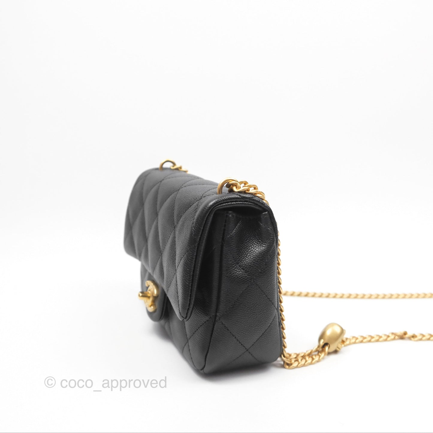 Chanel Mini Flap Bag Heart Adjustable Chain Black Caviar Aged Gold Hardware