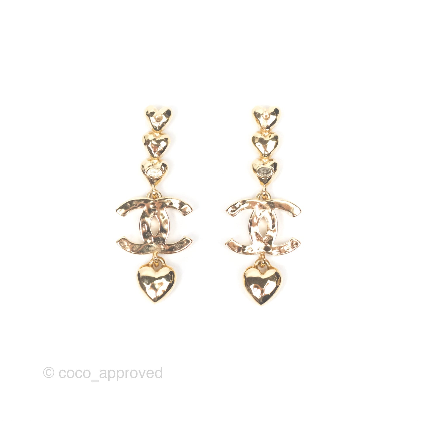 Chanel Crystal CC Heart Drop Earrings Gold Tone 23P