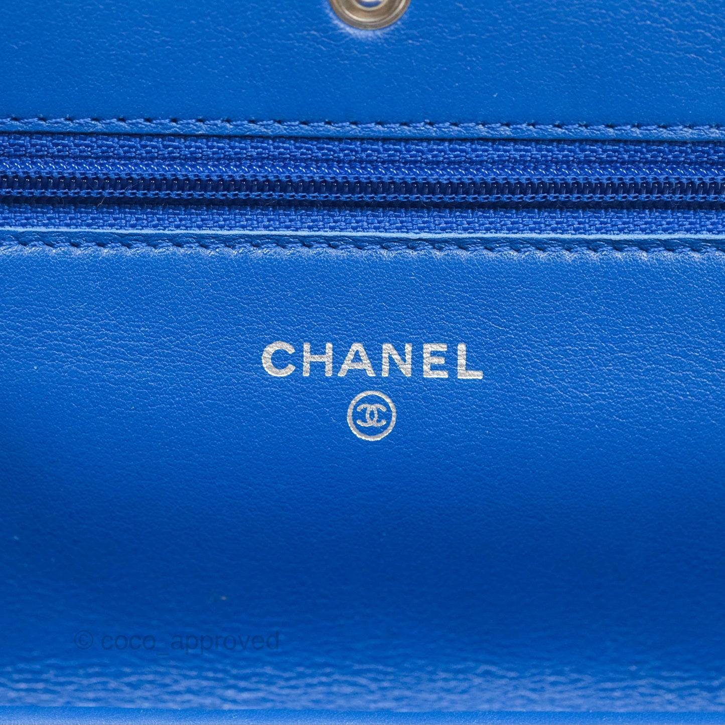 Chanel Quilted Classic Wallet on Chain WOC Blue Patent Silver Hardware