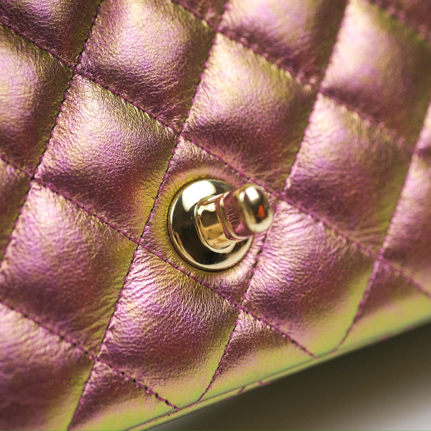 Chanel Classic Quilted Mini Rectangular Flap Metallic Purple Calfskin Gold Hardware