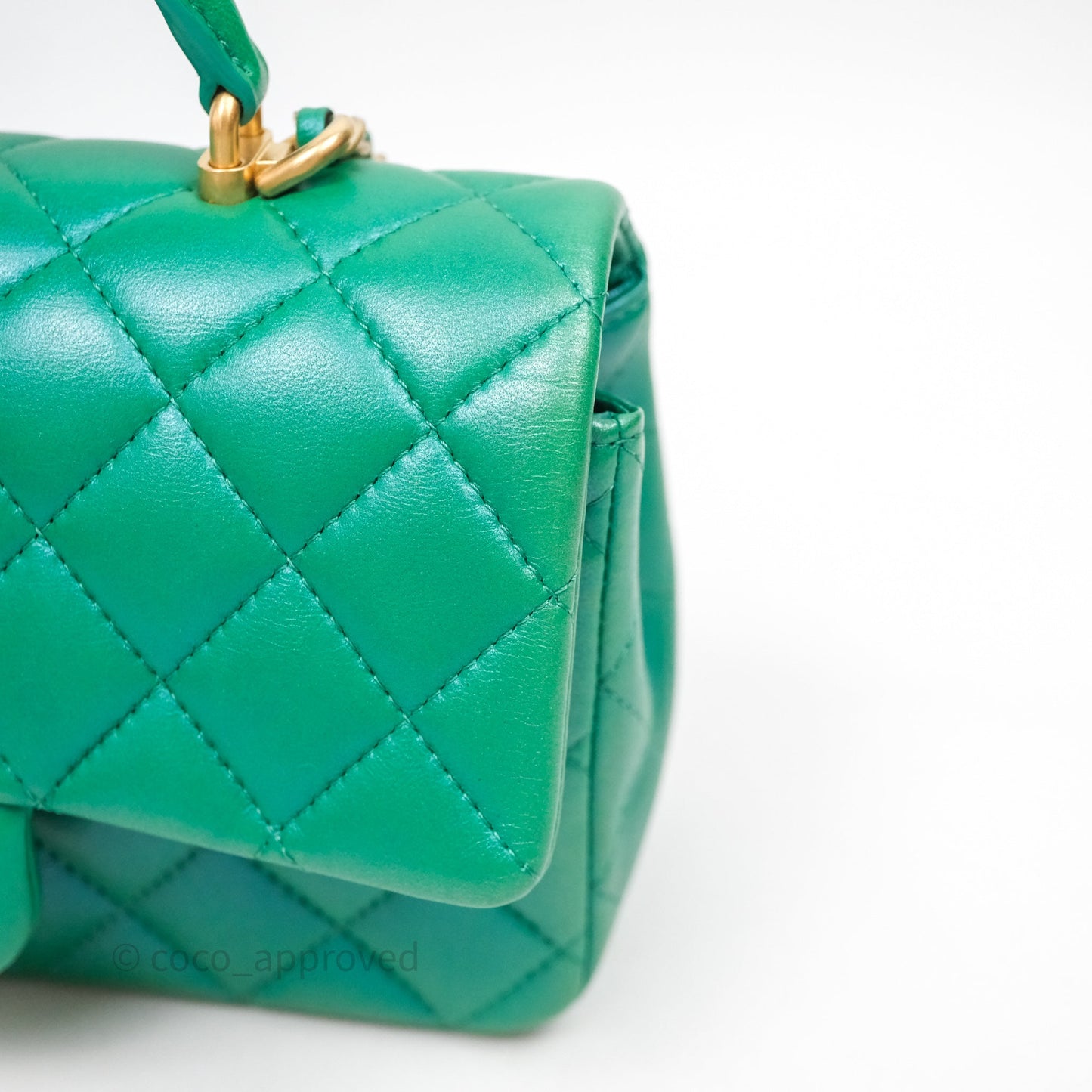 Chanel Top Handle Mini Rectangular Flap Bag Iridescent Green Lambskin Aged Gold Hardware