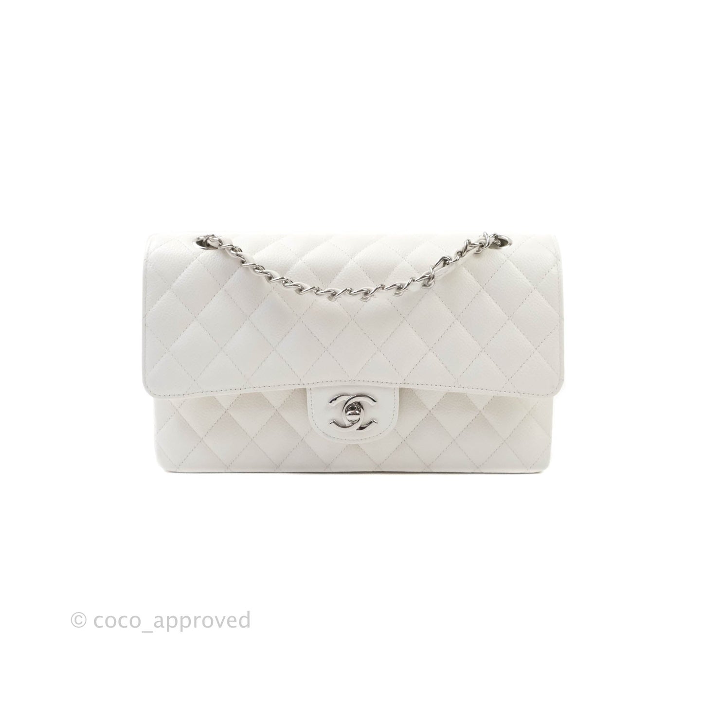 Chanel Quilted M/L Medium Double Flap White Caviar Silver Hardware