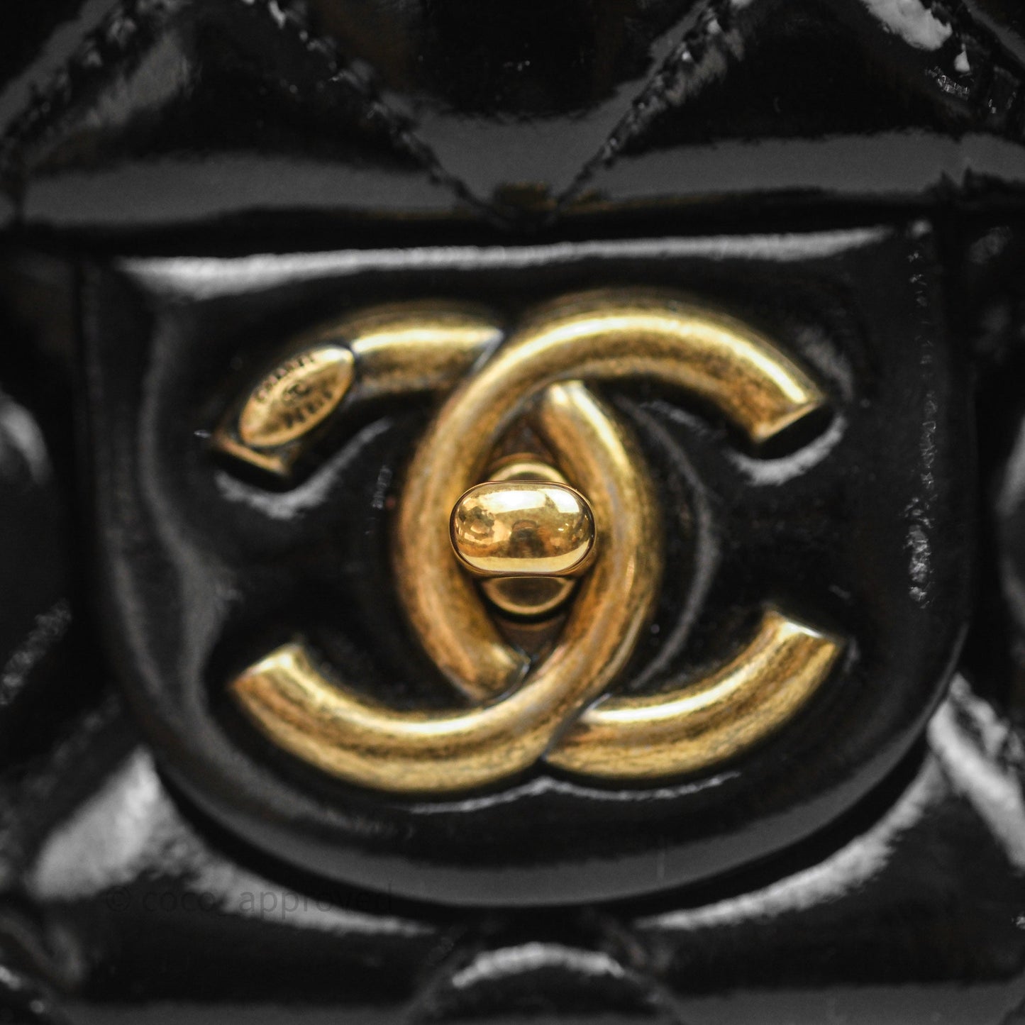 Chanel Quilted Medium Eyelet Flap Bag Black Patent Aged Gold Hardware