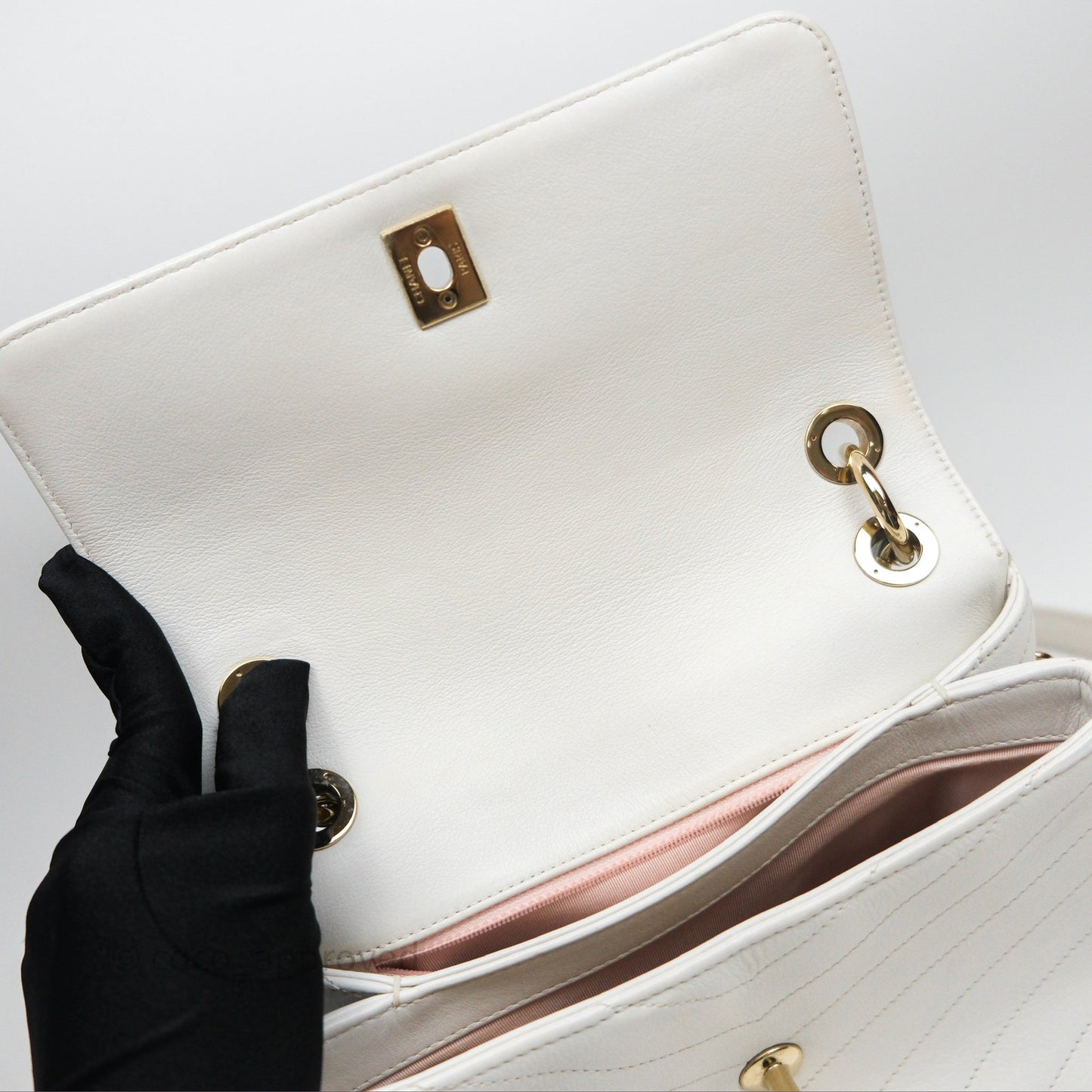 Chanel Small Chevron Chic Top Handle Flap White Calfskin Gold Hardware