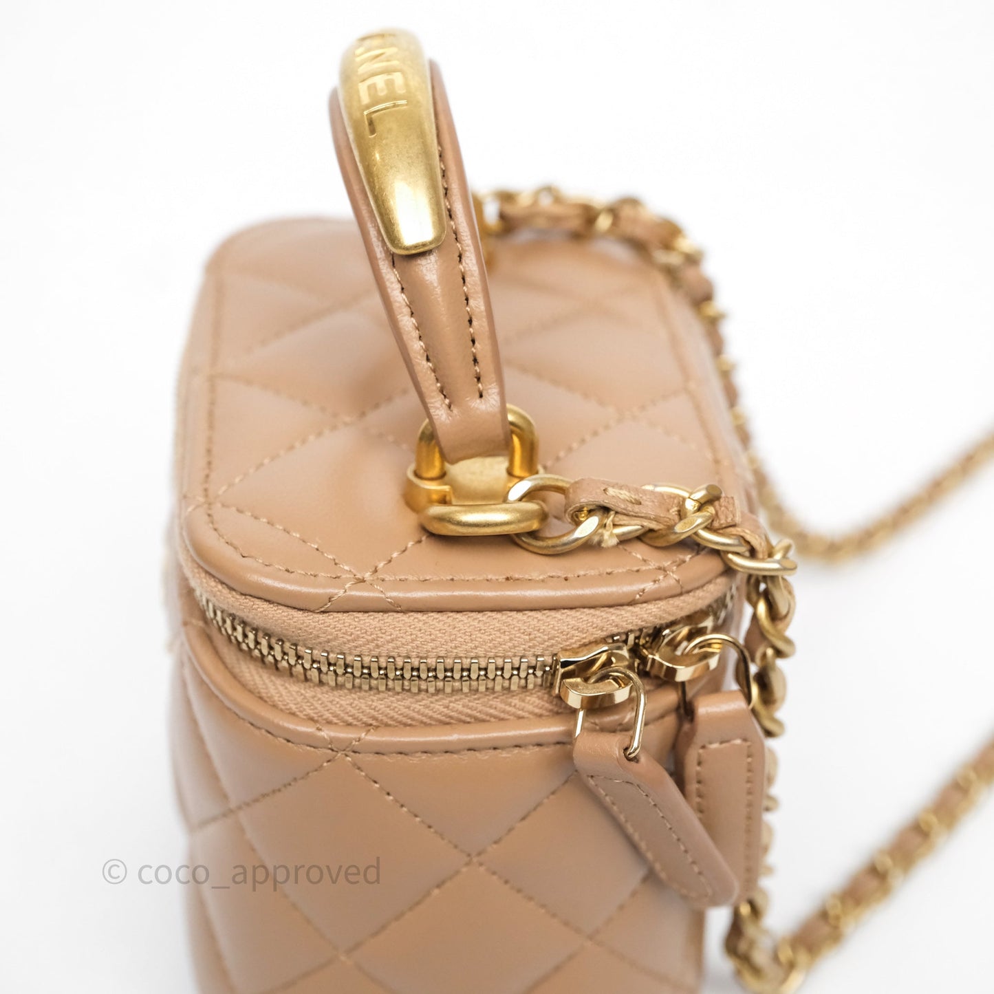 Chanel Mini Metal Top Handle Vanity With Chain Dark Beige Lambskin Aged Gold Hardware