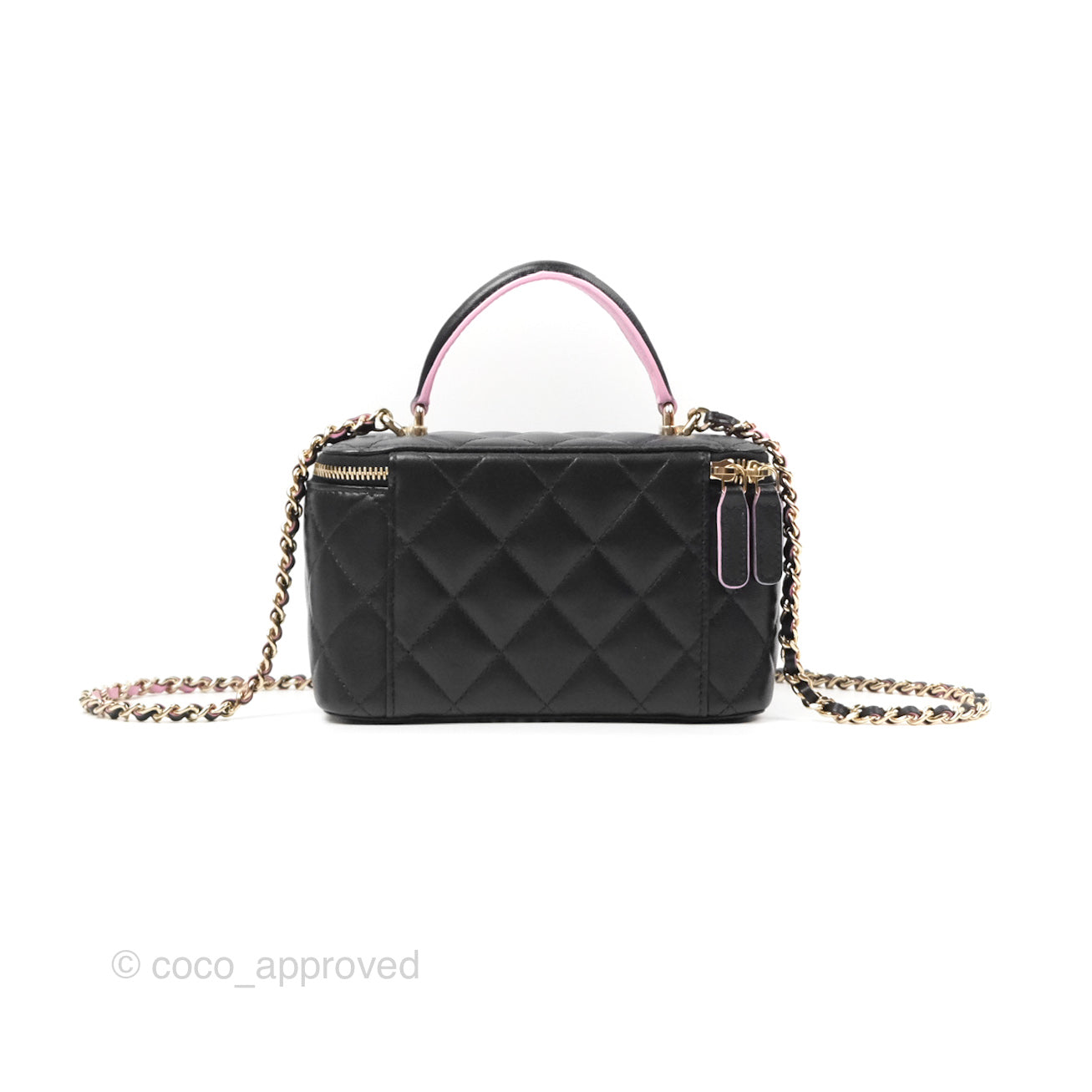 Chanel Vanity Rectangular Top Handle Black Pink Lambskin Gold Hardware