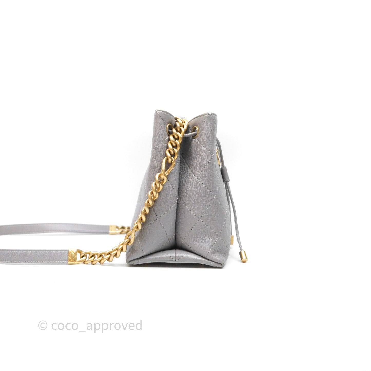 Chanel Drawstring Bucket Bag Grey Grained Calfskin Aged Gold Hardware
