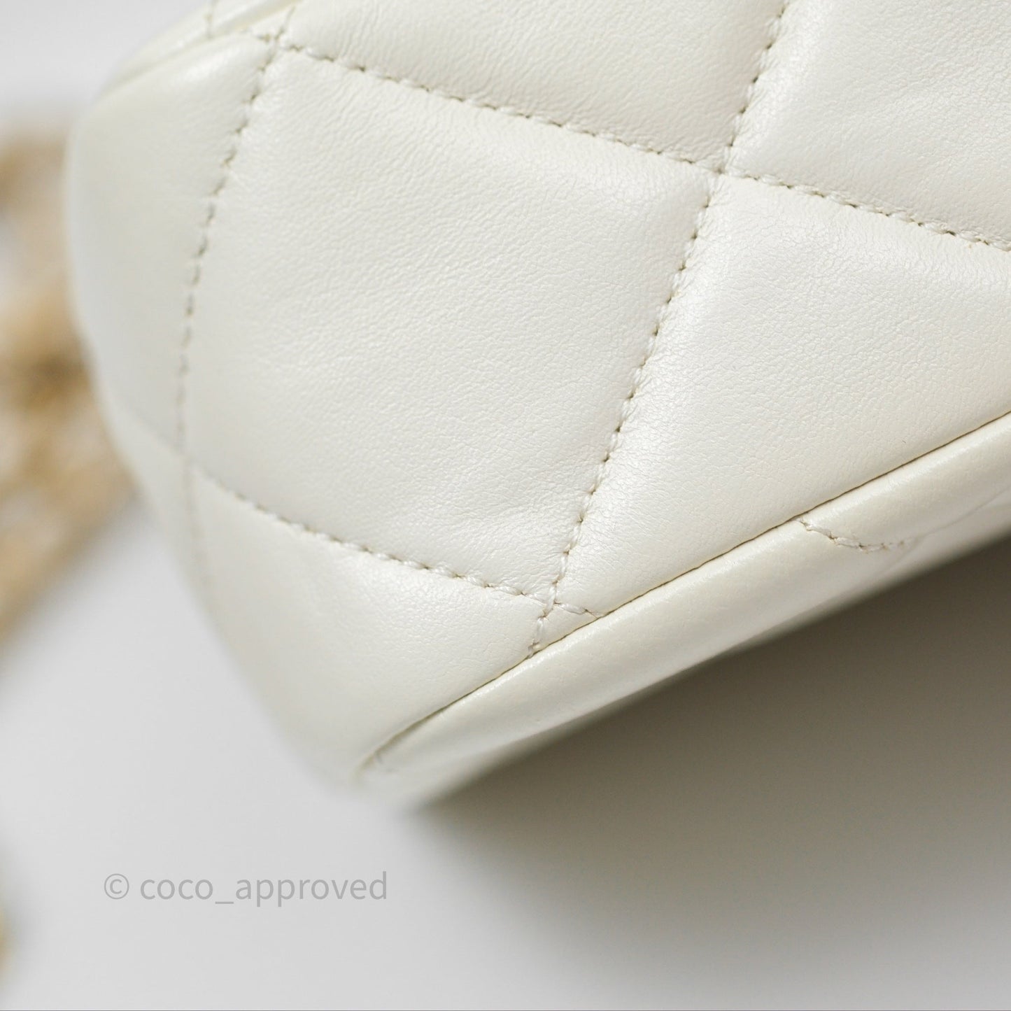 Chanel Quilted Double Pearl Adjustable Chain Flap Bag White Lambskin Aged Gold Hardware 24S