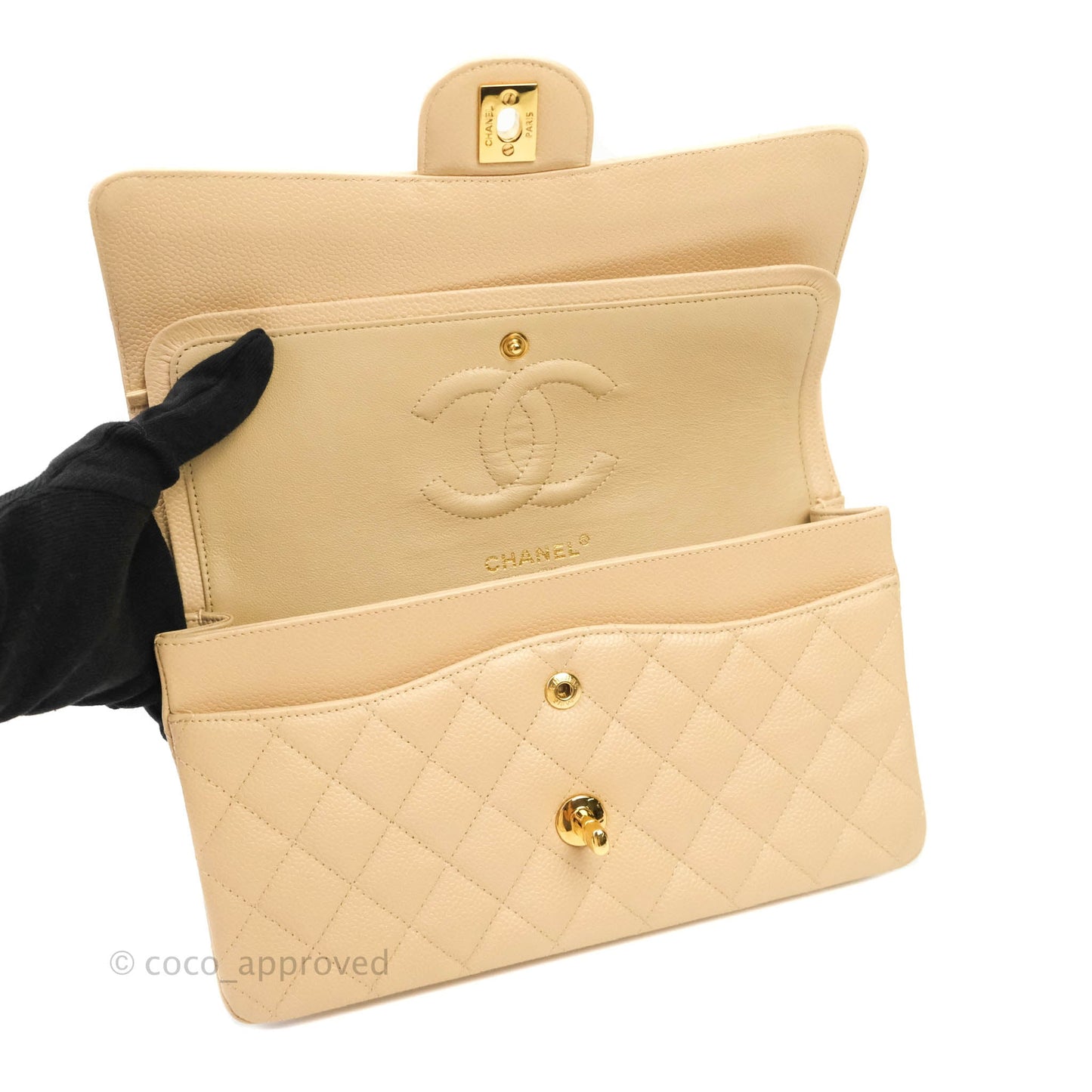 Chanel M/L Medium Double Flap Bag Beige Caviar Gold Hardware