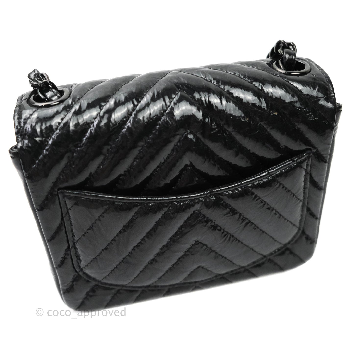 Chanel Mini Square Chevron Black Crumpled Metallic Patent So Black